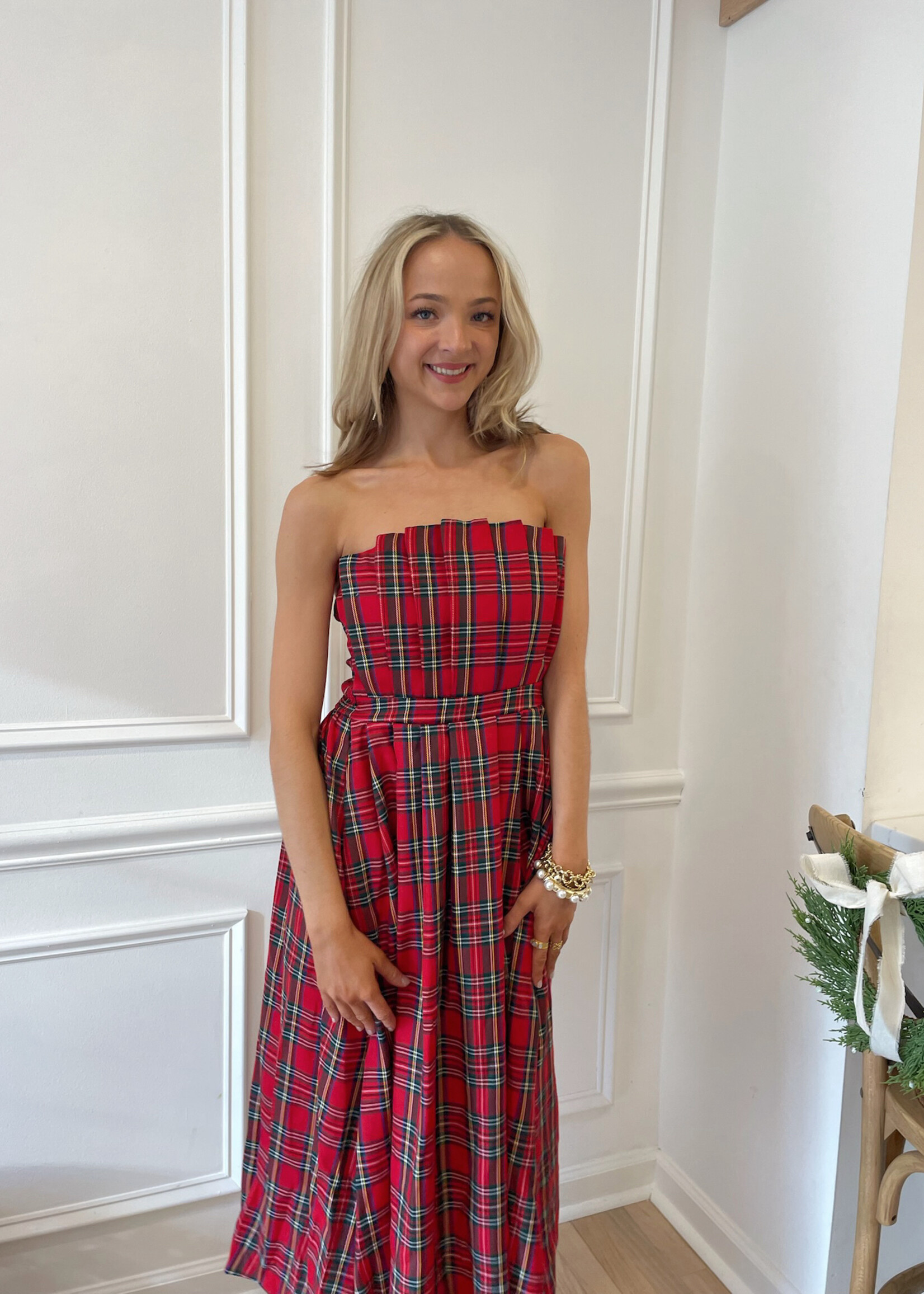 Lunis Plaid Strapless Midi Dress