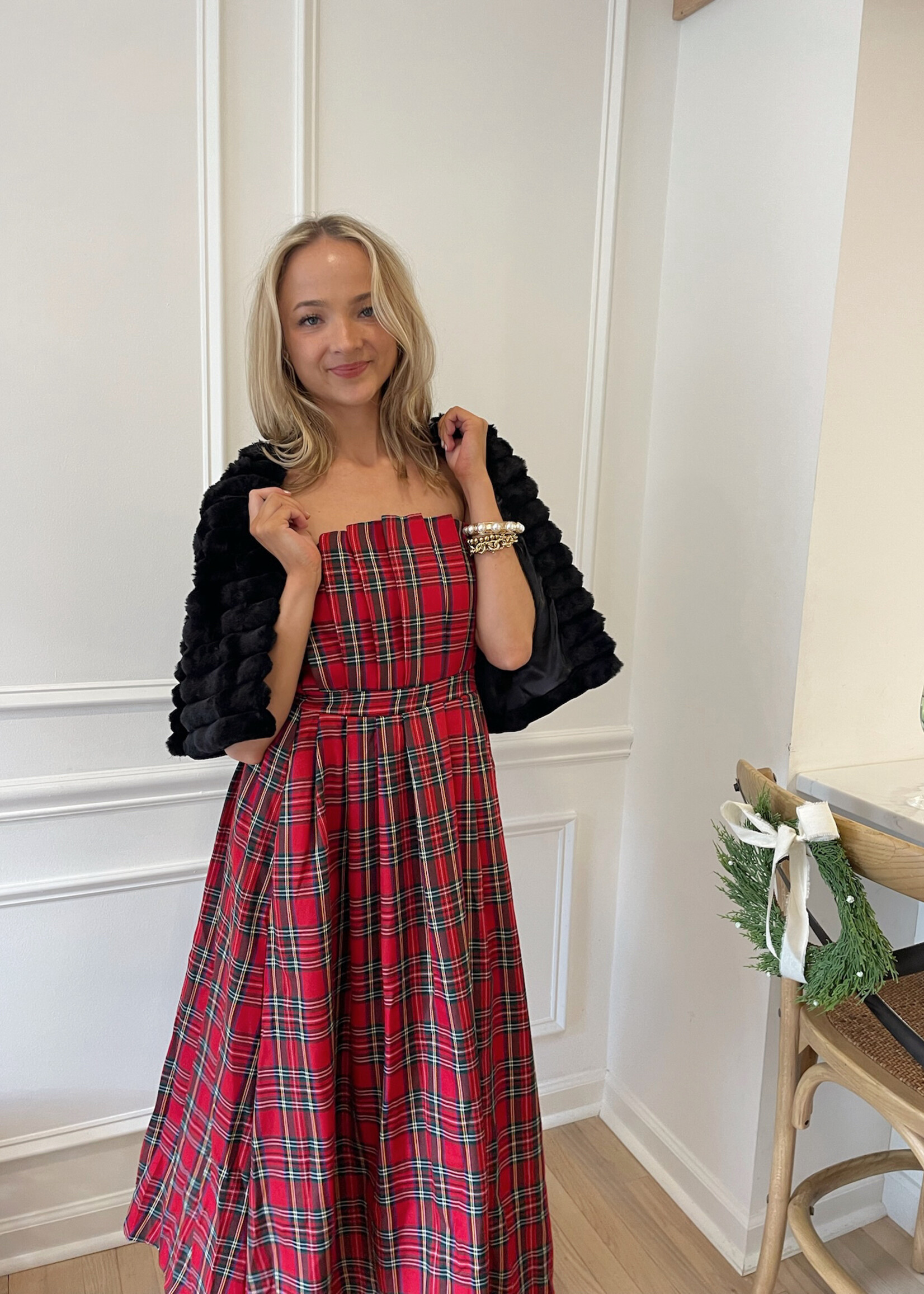 Lunis Plaid Strapless Midi Dress
