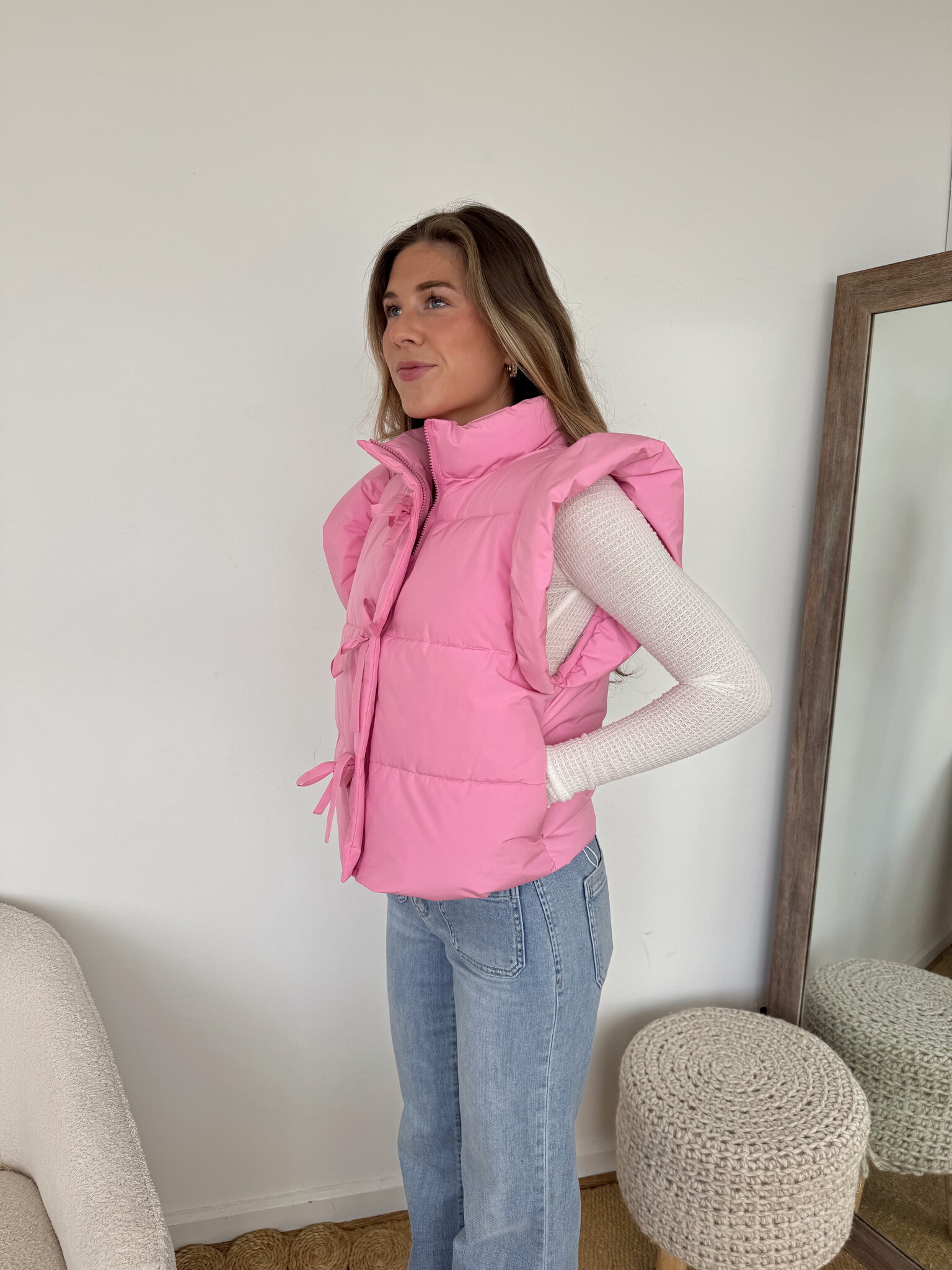 Magenta Puffer Vest with Shoulder Ruffle Detail main image 0