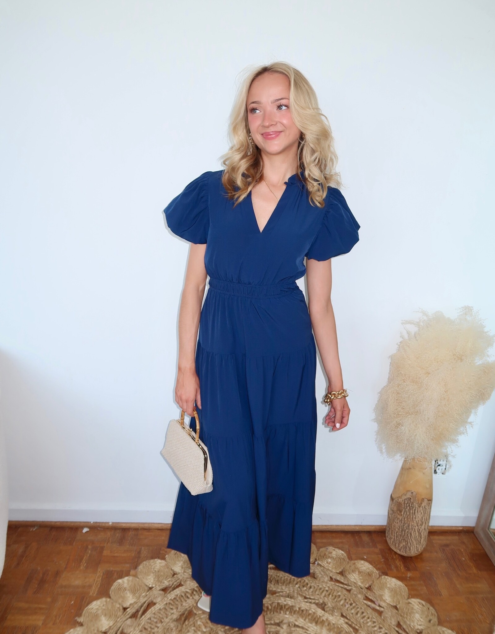 Bino Bubble Sleeve Tiered Midi Dress