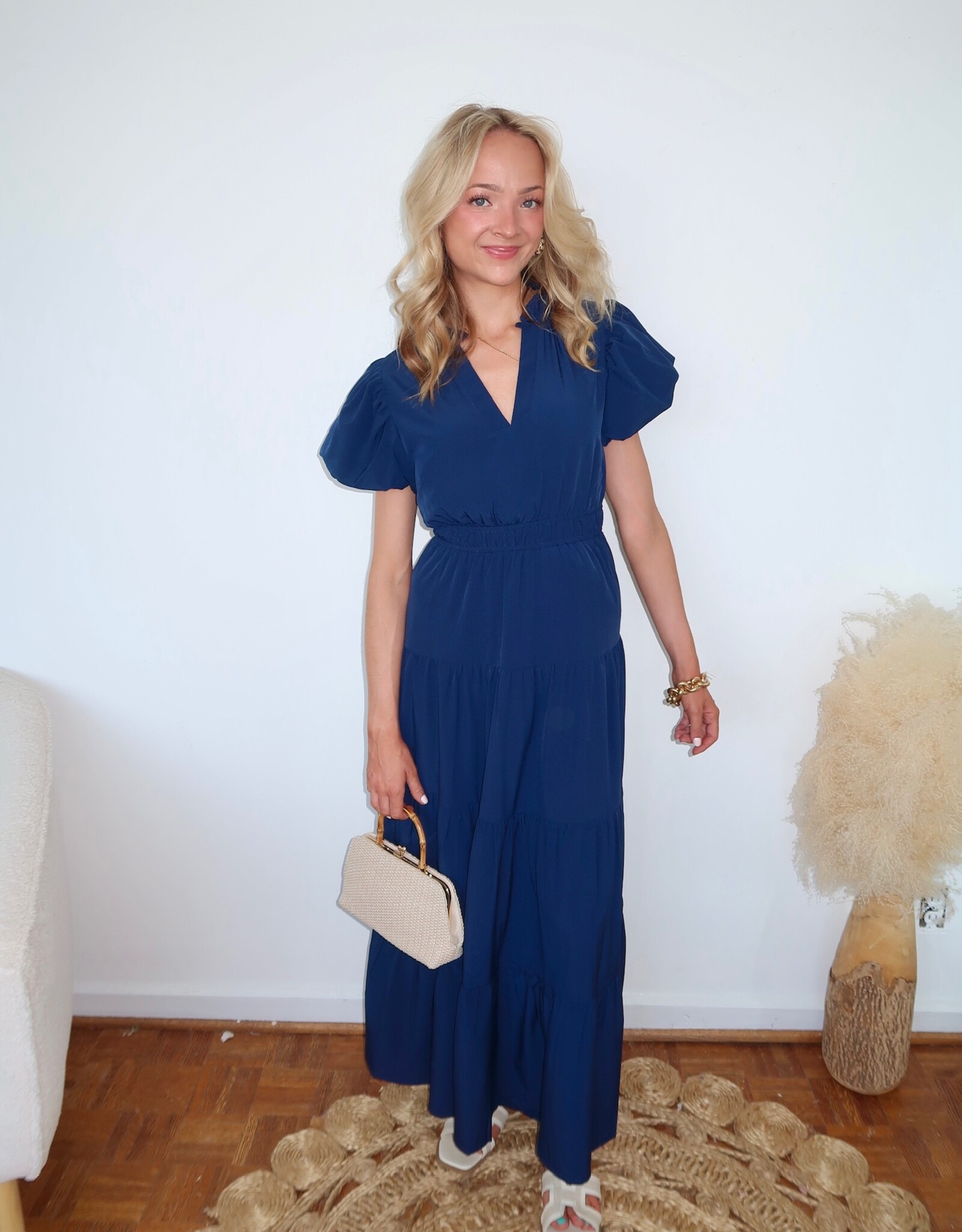 Bino Bubble Sleeve Tiered Midi Dress