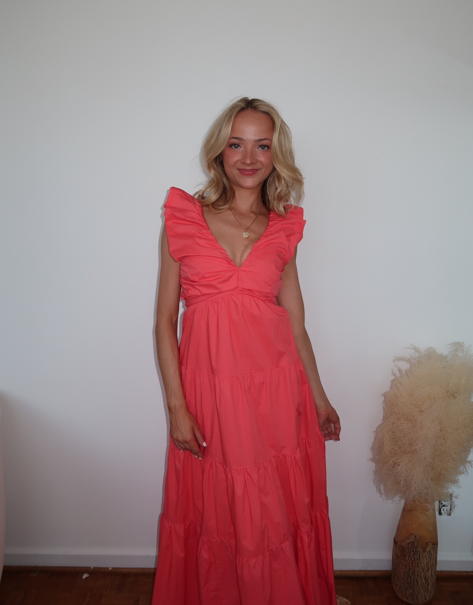 Bimini Poplin V Neck Shirred Maxi Dress