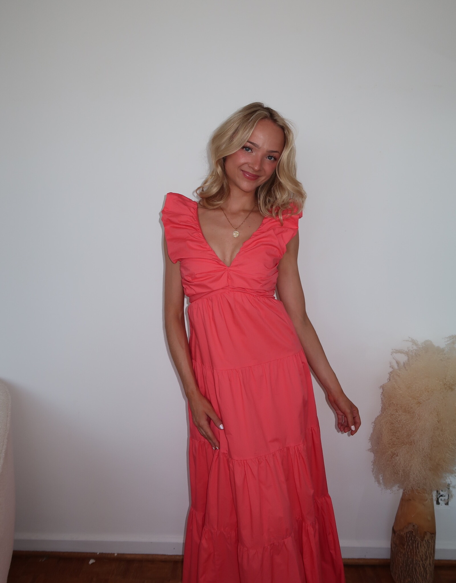 Bimini Poplin V Neck Shirred Maxi Dress