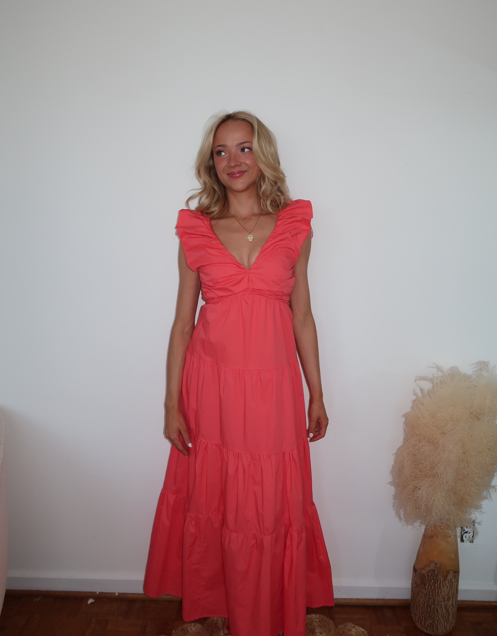Bimini Poplin V Neck Shirred Maxi Dress