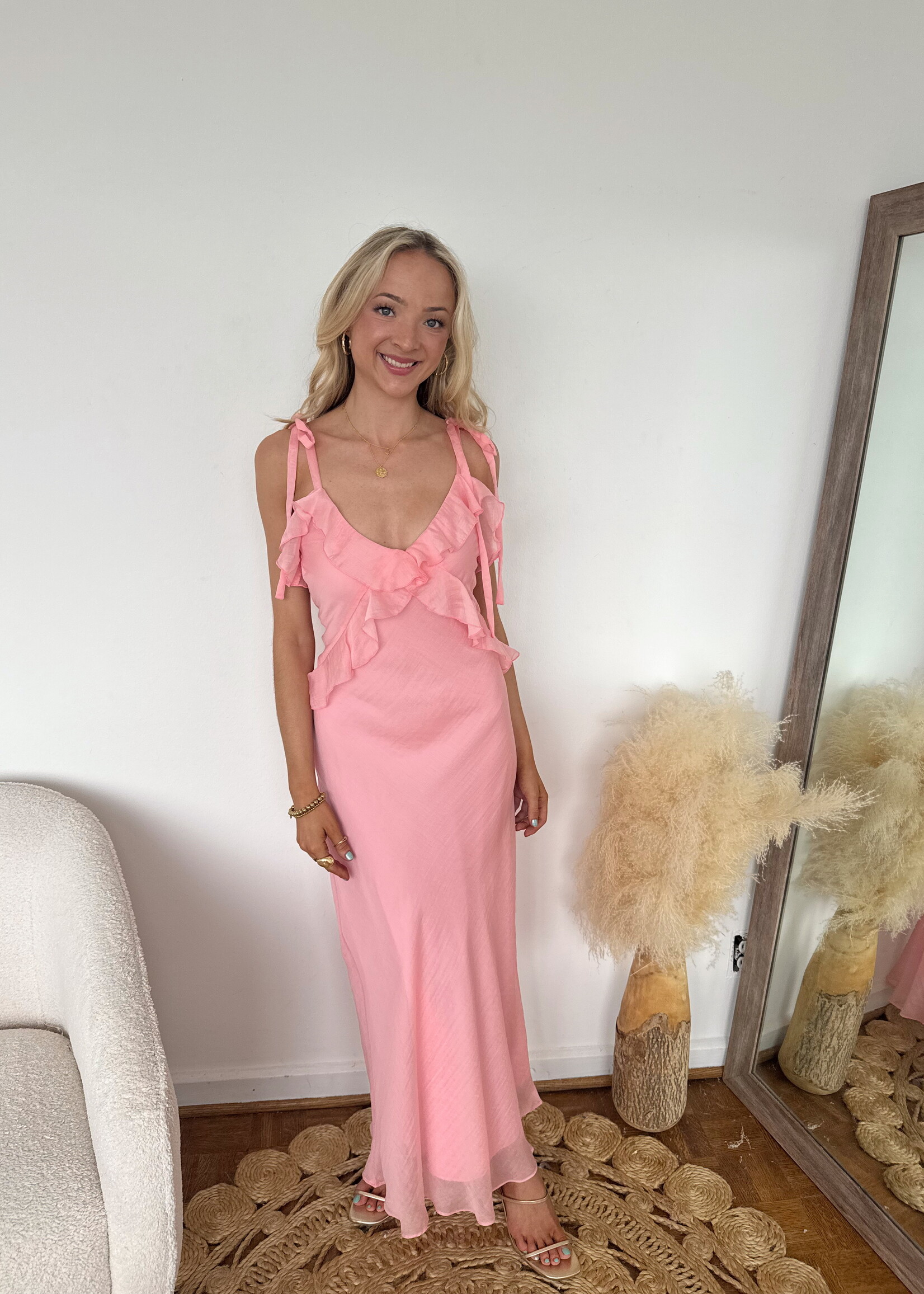 Adalina Ruffle Tie Strap Maxi Dress