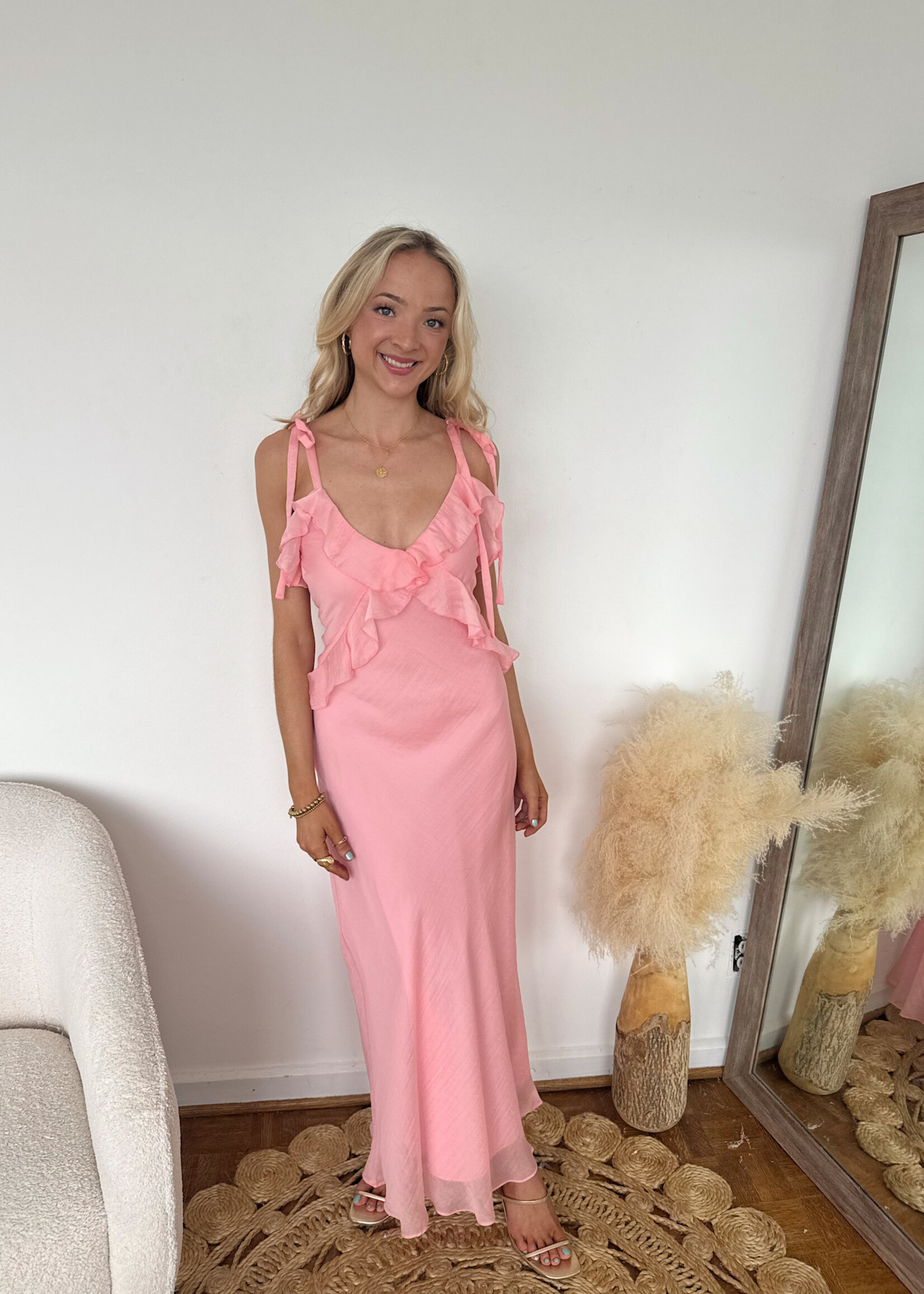 Adalina Ruffle Tie Strap Maxi Dress