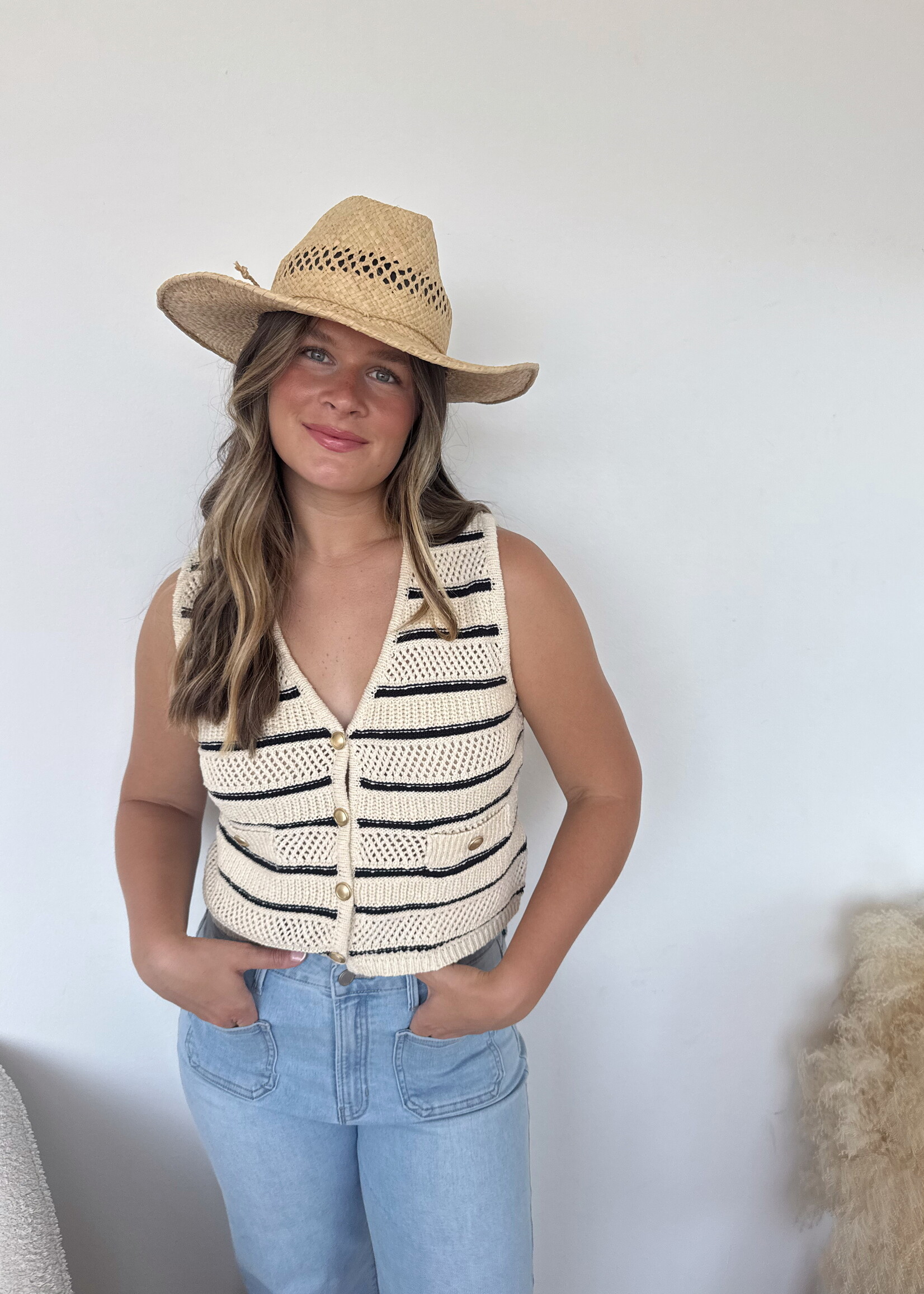 Flora Striped V-Neck Button Down Vest