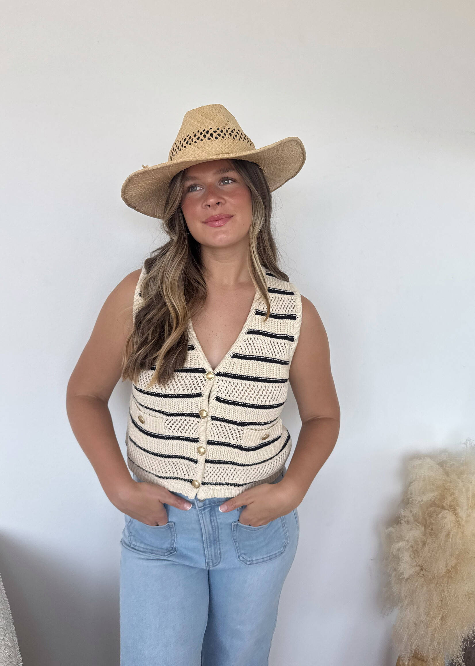 Flora Striped V-Neck Button Down Vest