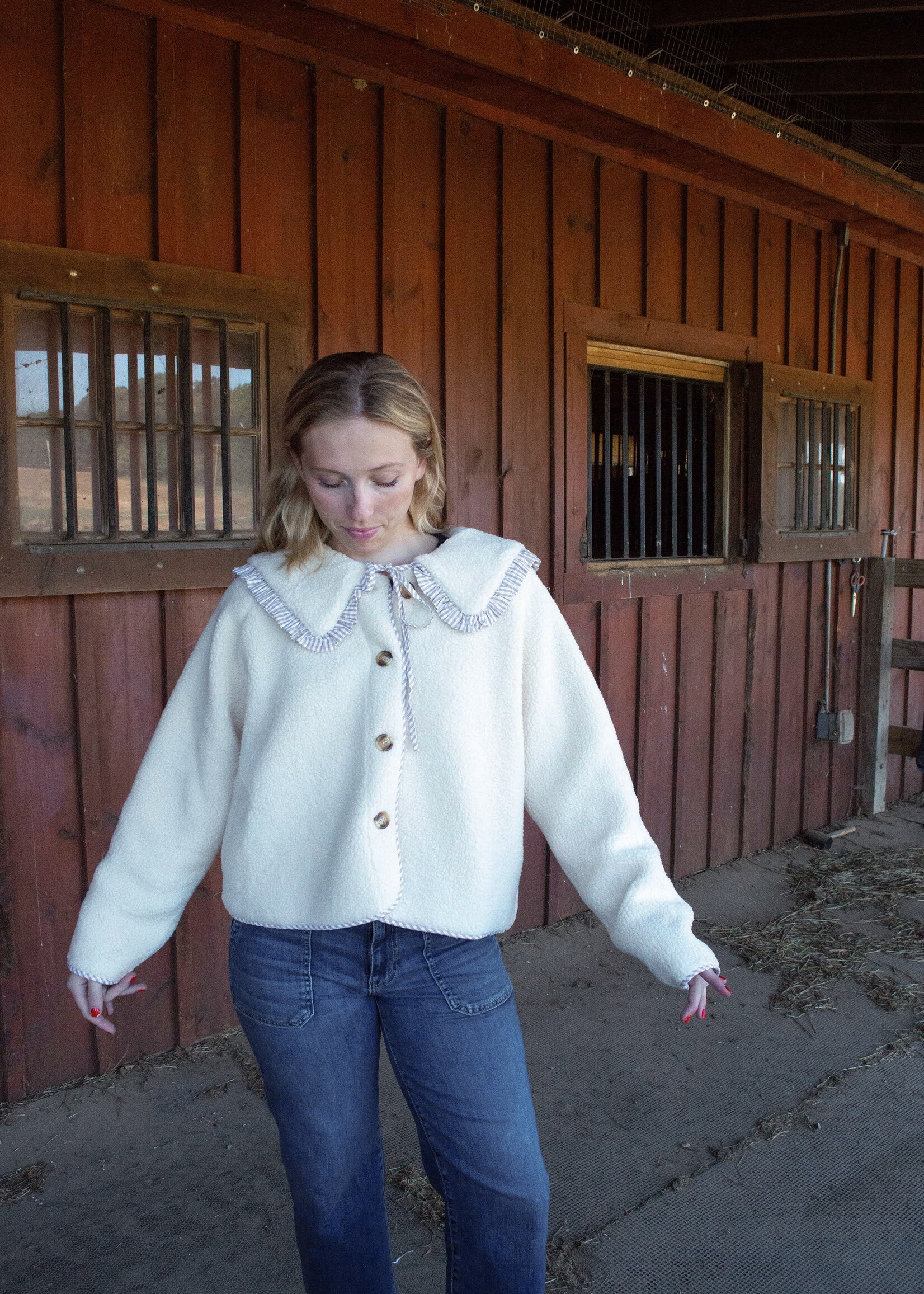 Trisha Gingham Ruffle Button Down Jacket