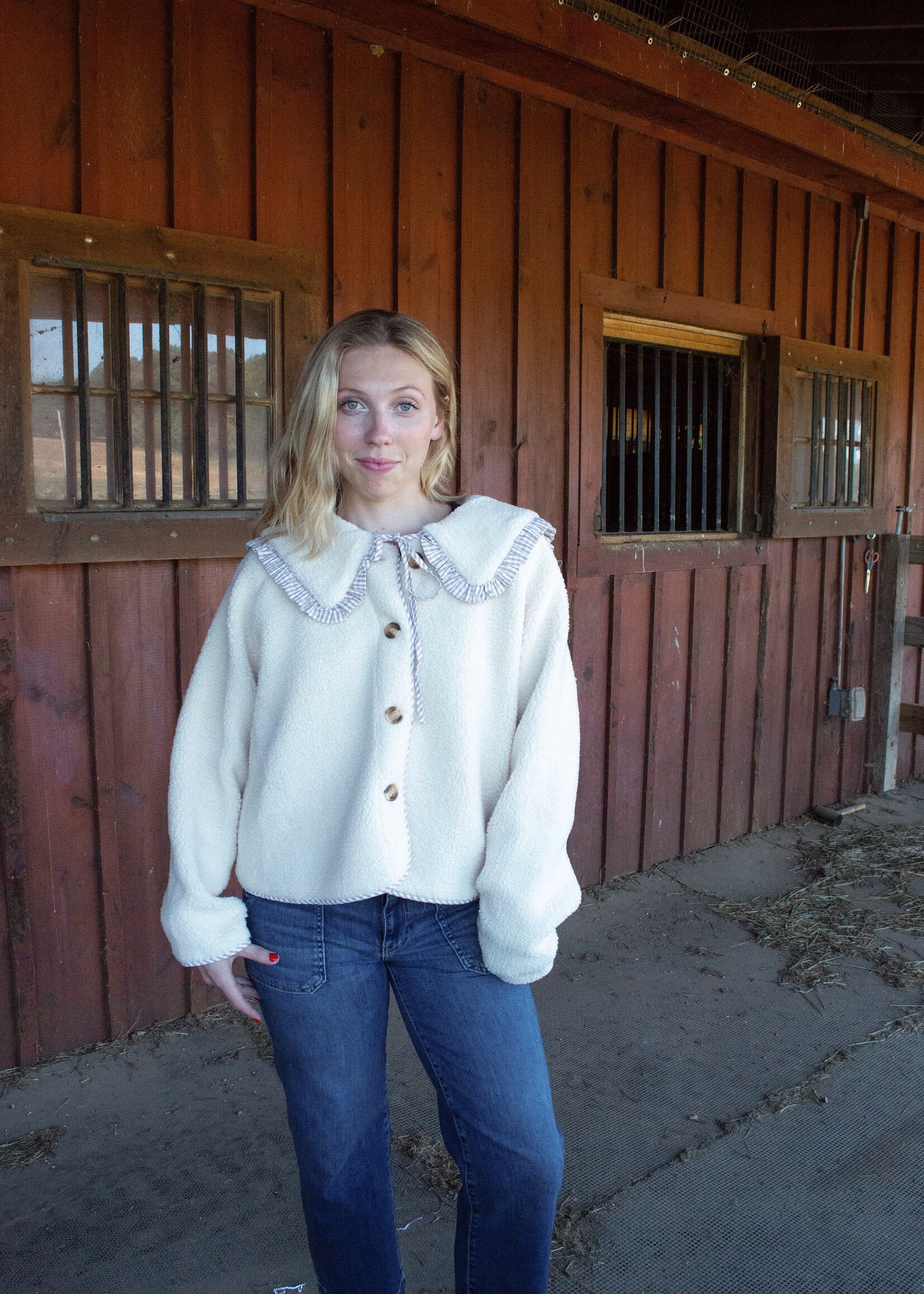 Trisha Gingham Ruffle Button Down Jacket