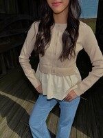 Millie Long Sleeve Button Down Mixed Media Peplum Top