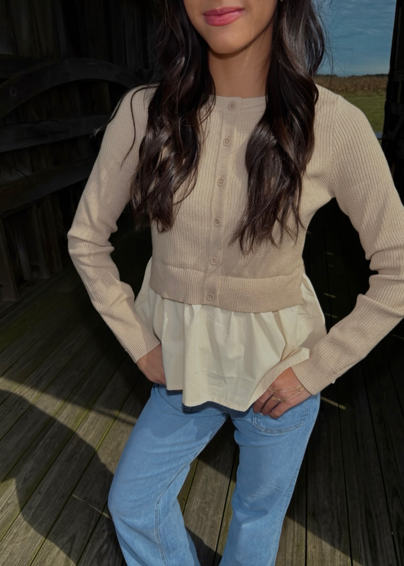 Millie Long Sleeve Button Down Mixed Media Peplum Top