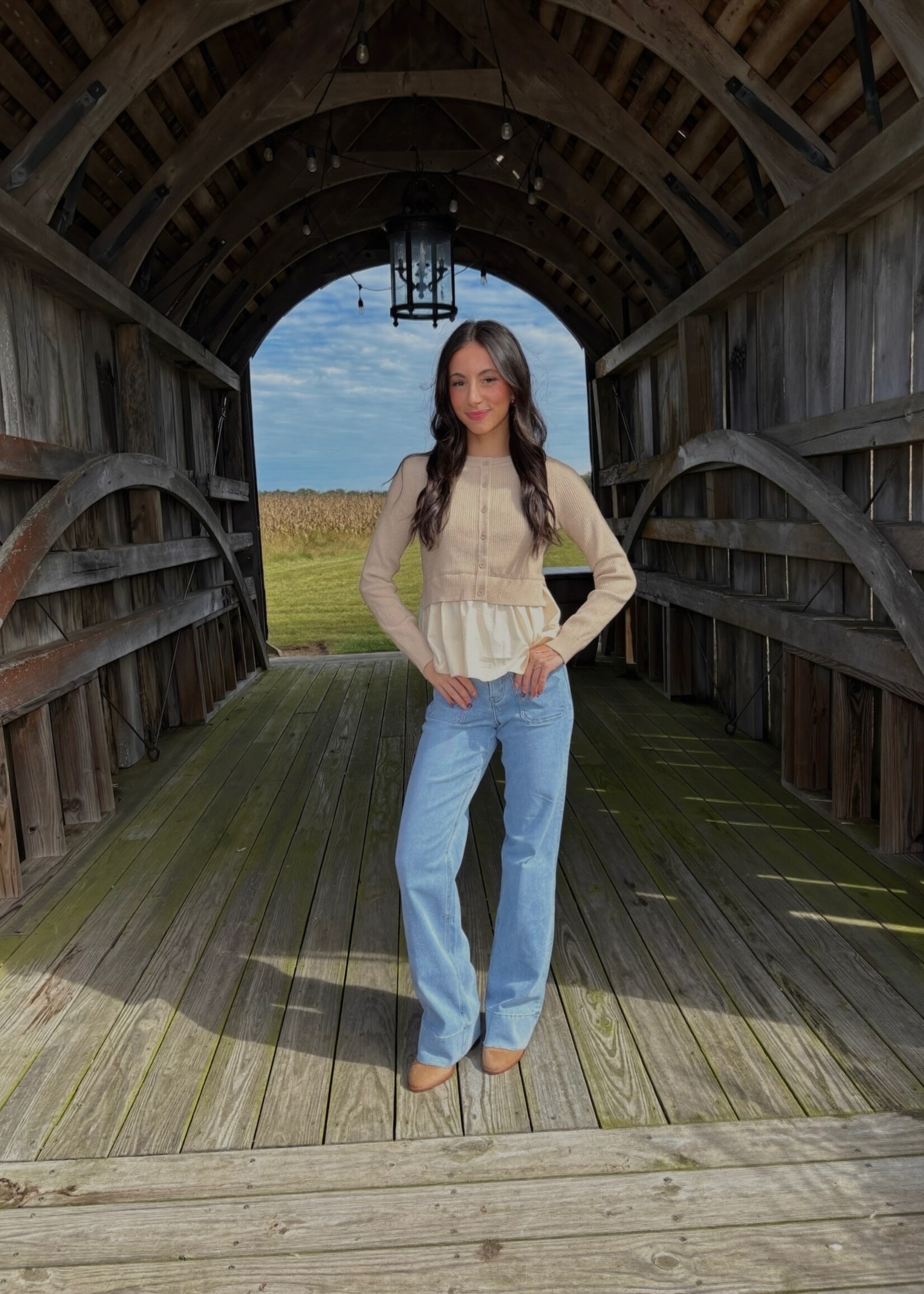 Millie Long Sleeve Button Down Mixed Media Peplum Top