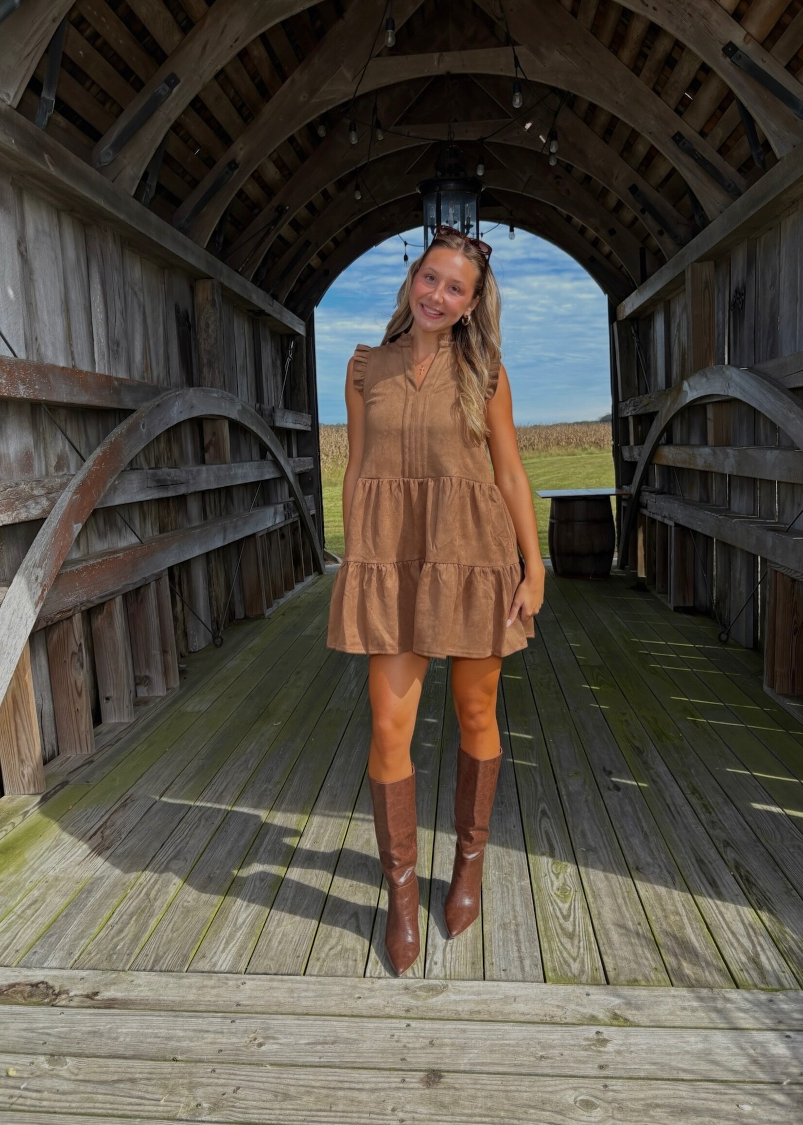 Leila Ruffle Suede Babydoll Dress