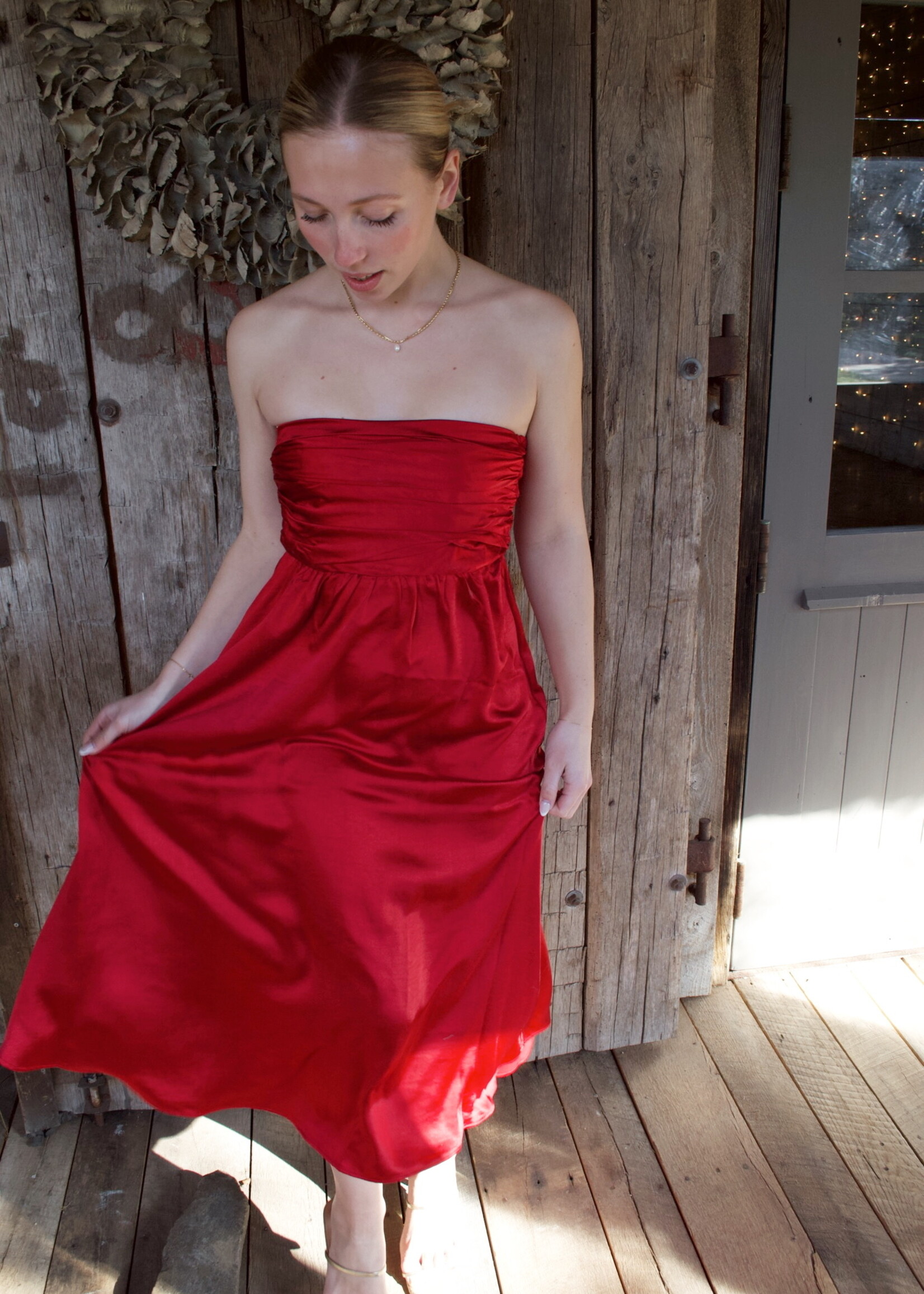 Amiah Satin Ruched Tube Maxi Dress