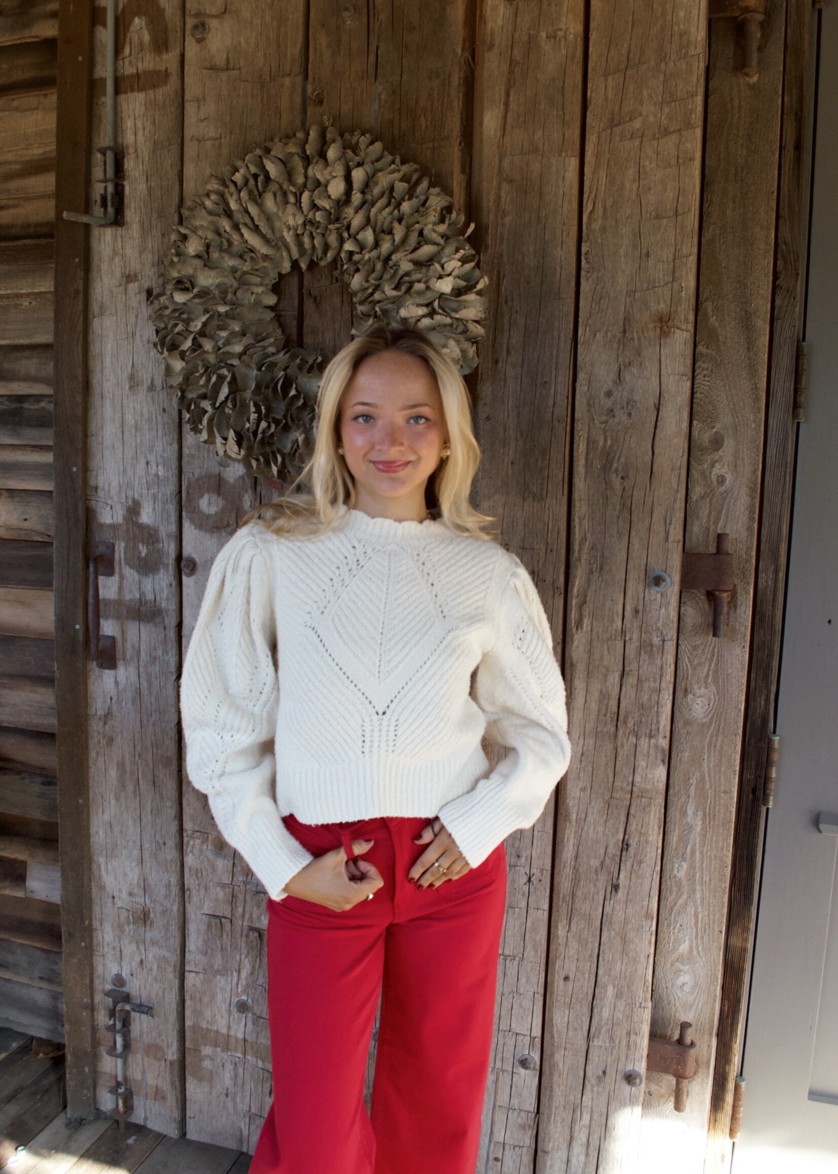 Amara Scallop Detailed Puff Shoulder Sweater Top