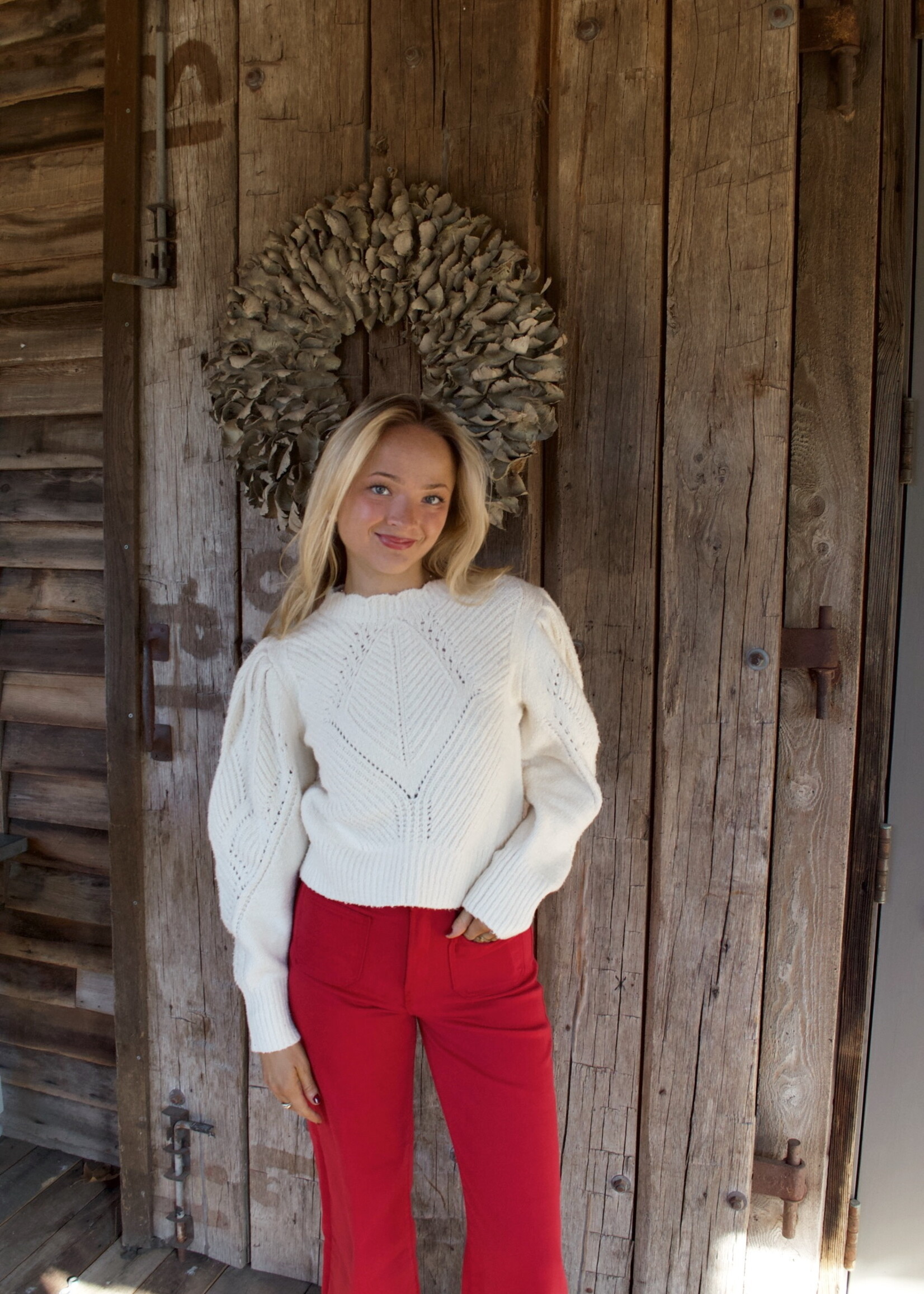 Amara Scallop Detailed Puff Shoulder Sweater Top