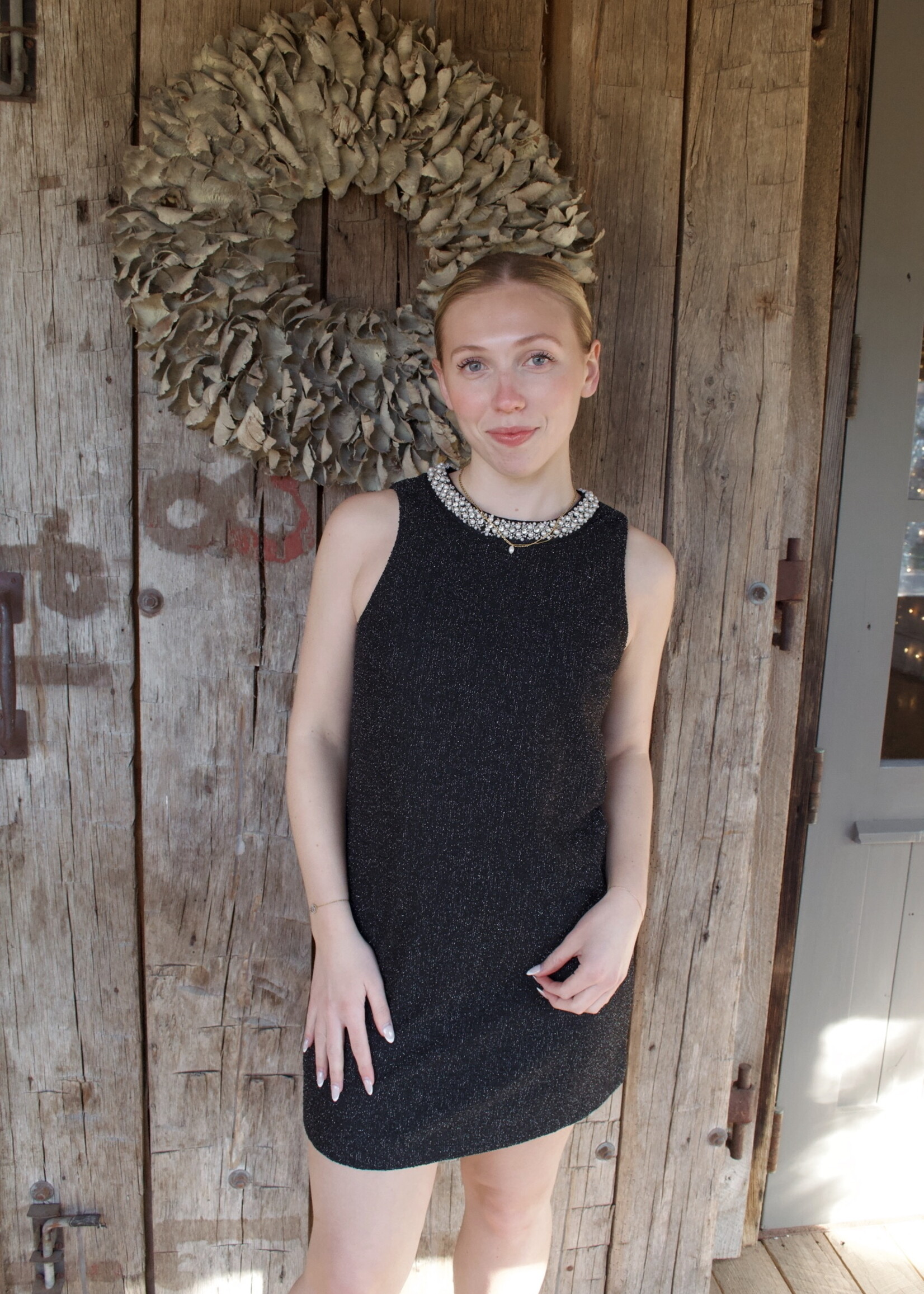 Karah Jewel Neck Tweed Mini Dress