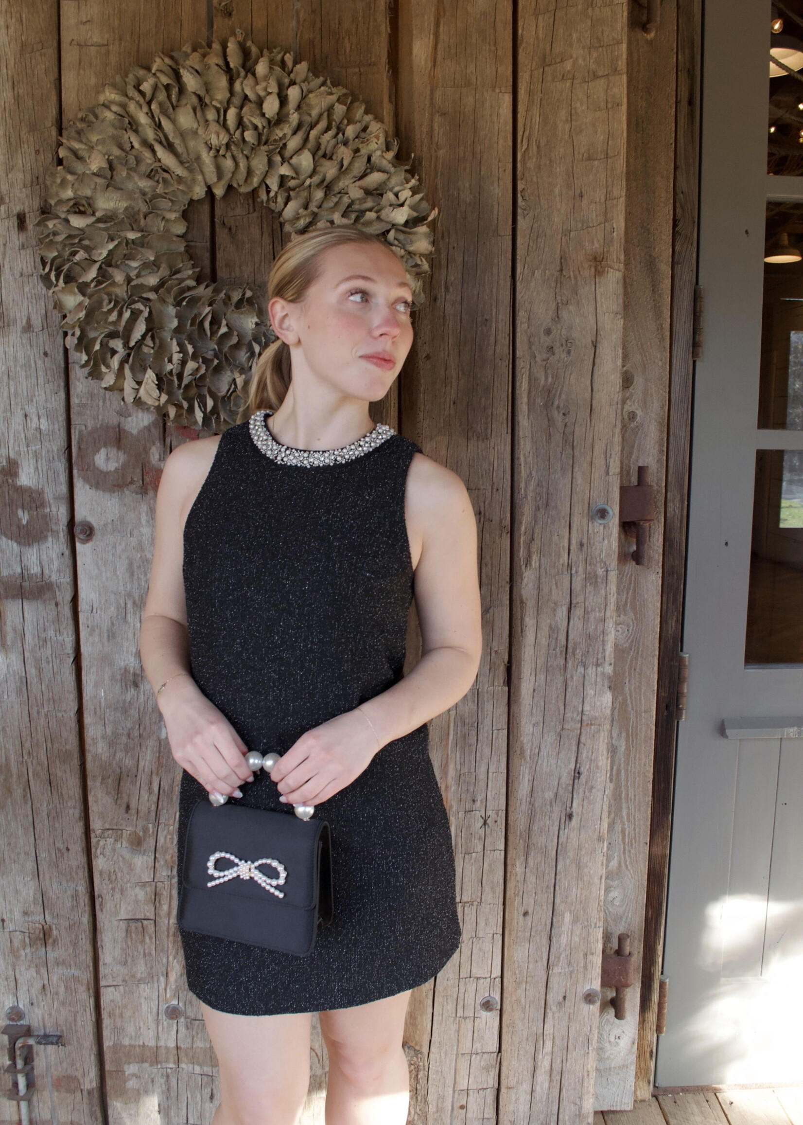 Karah Jewel Neck Tweed Mini Dress