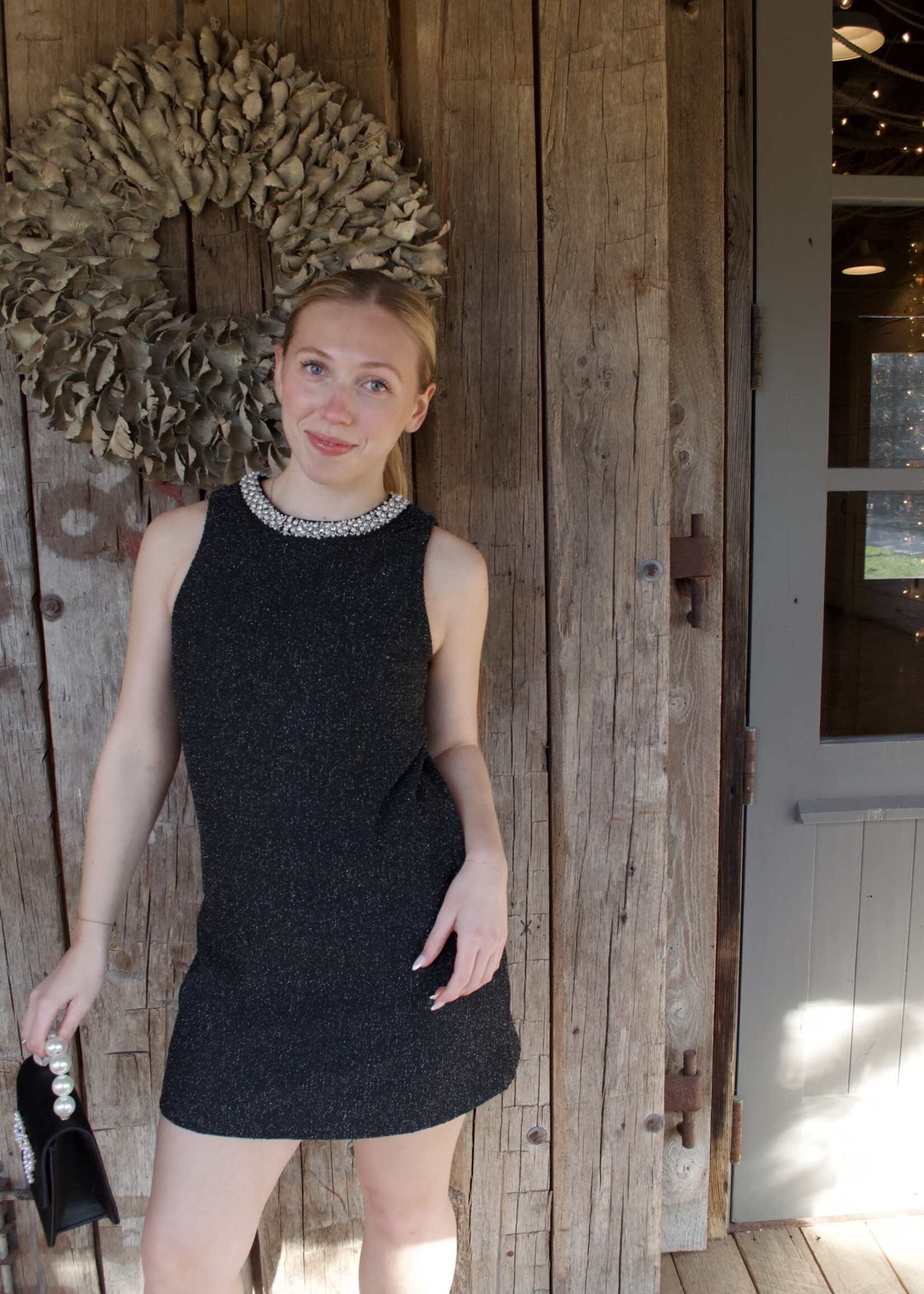 Karah Jewel Neck Tweed Mini Dress