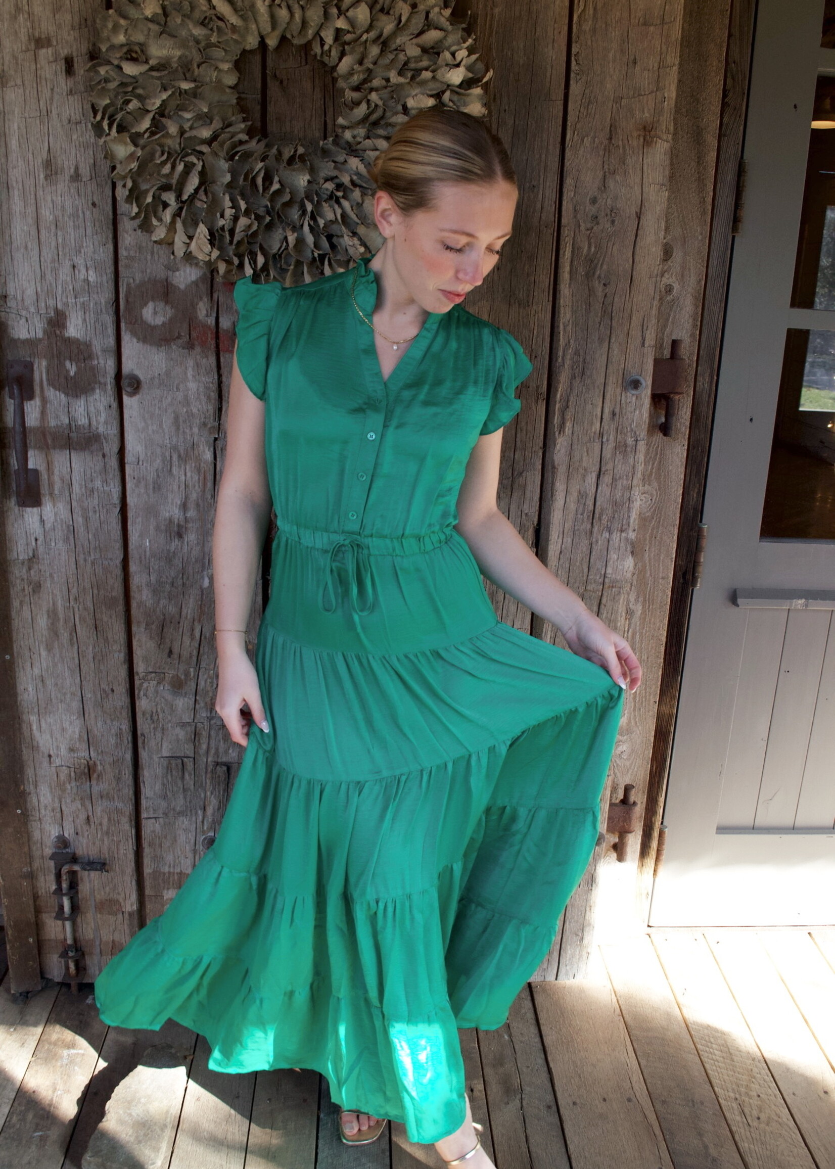 Petal Satin Tier Maxi Dress