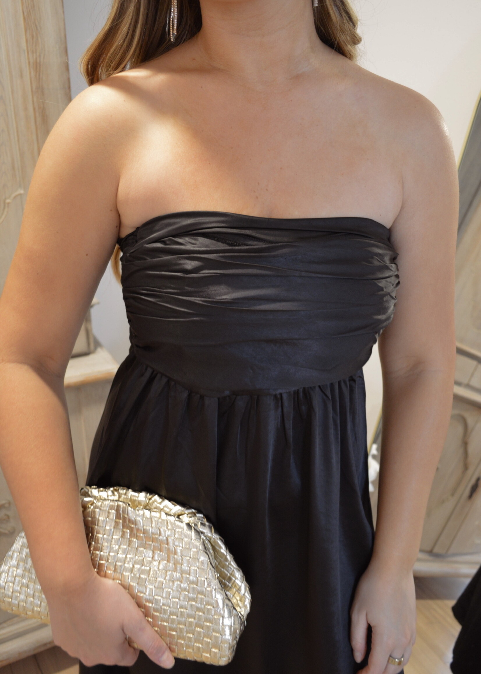 Alvin Satin Ruched Tube Maxi Dress