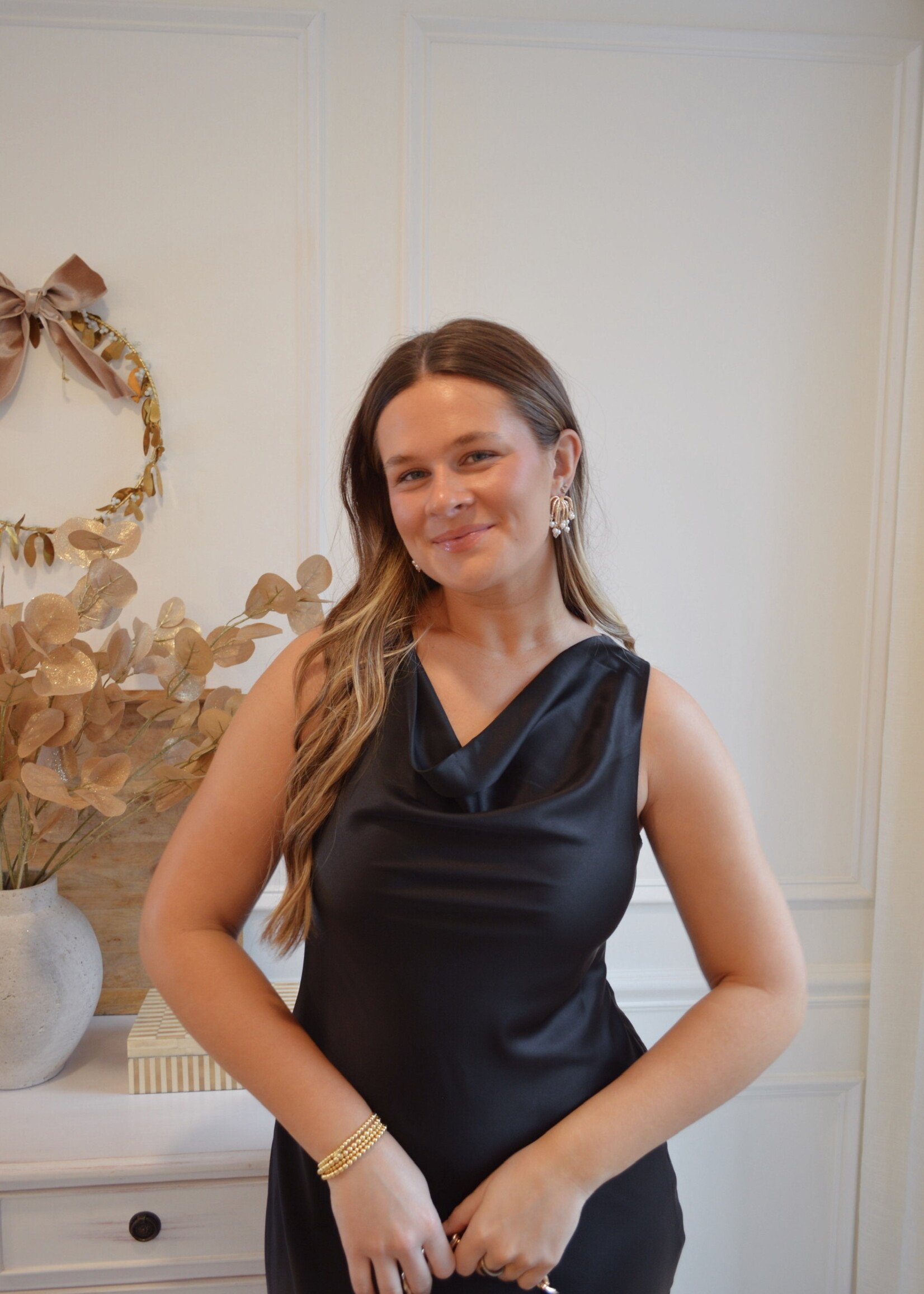 Callaia Cowl Neck Satin Midi Dress