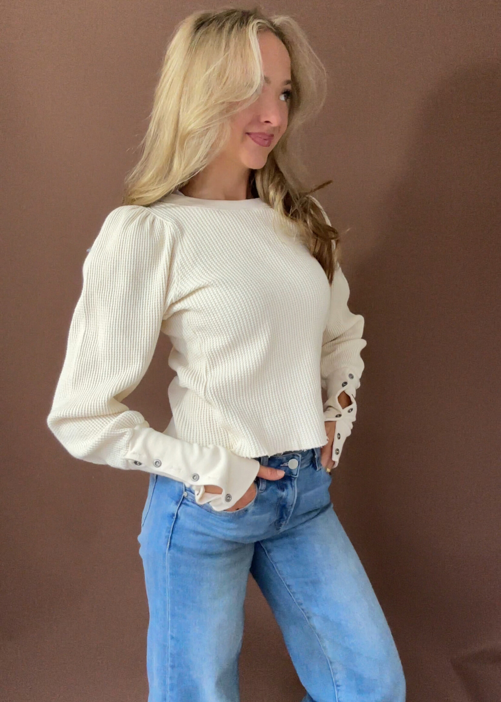 Hunter Waffle Knit Puff Sleeve Top