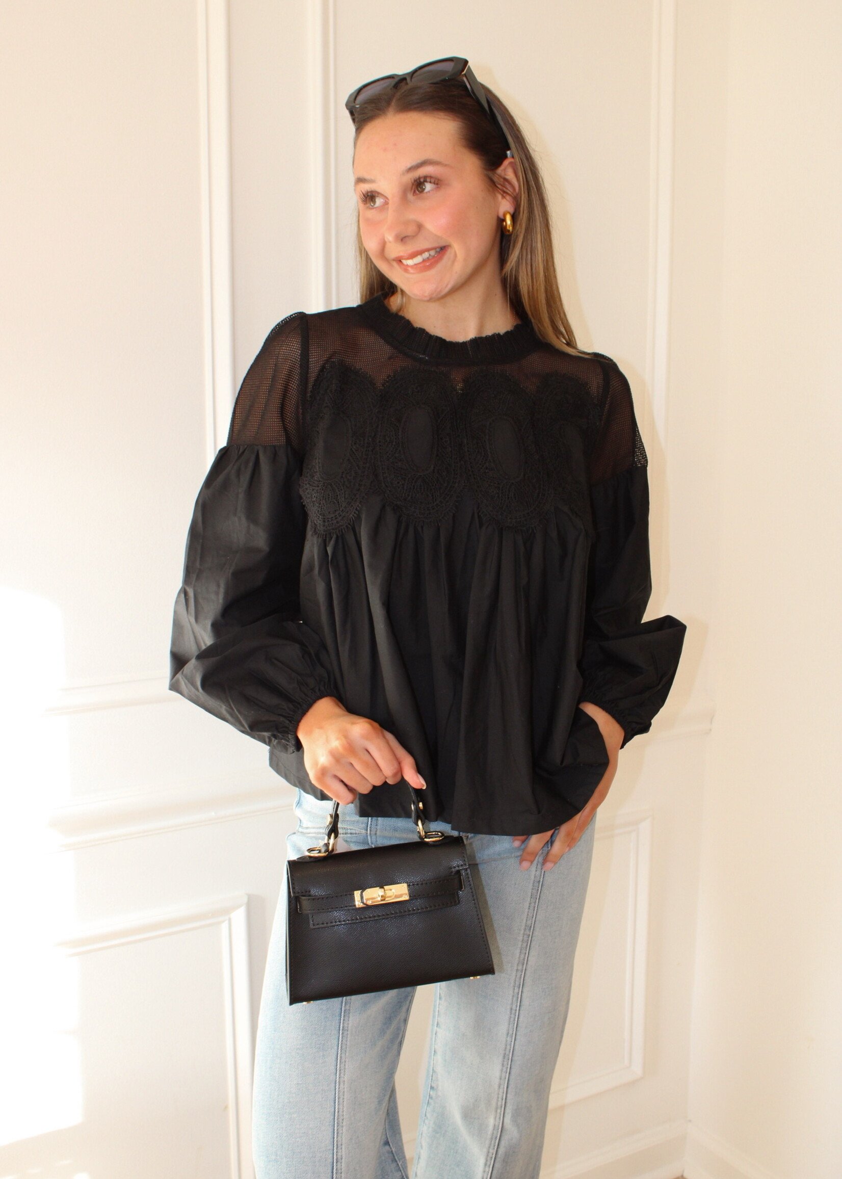 Arceli Lace Detail Mixed Media Blouse