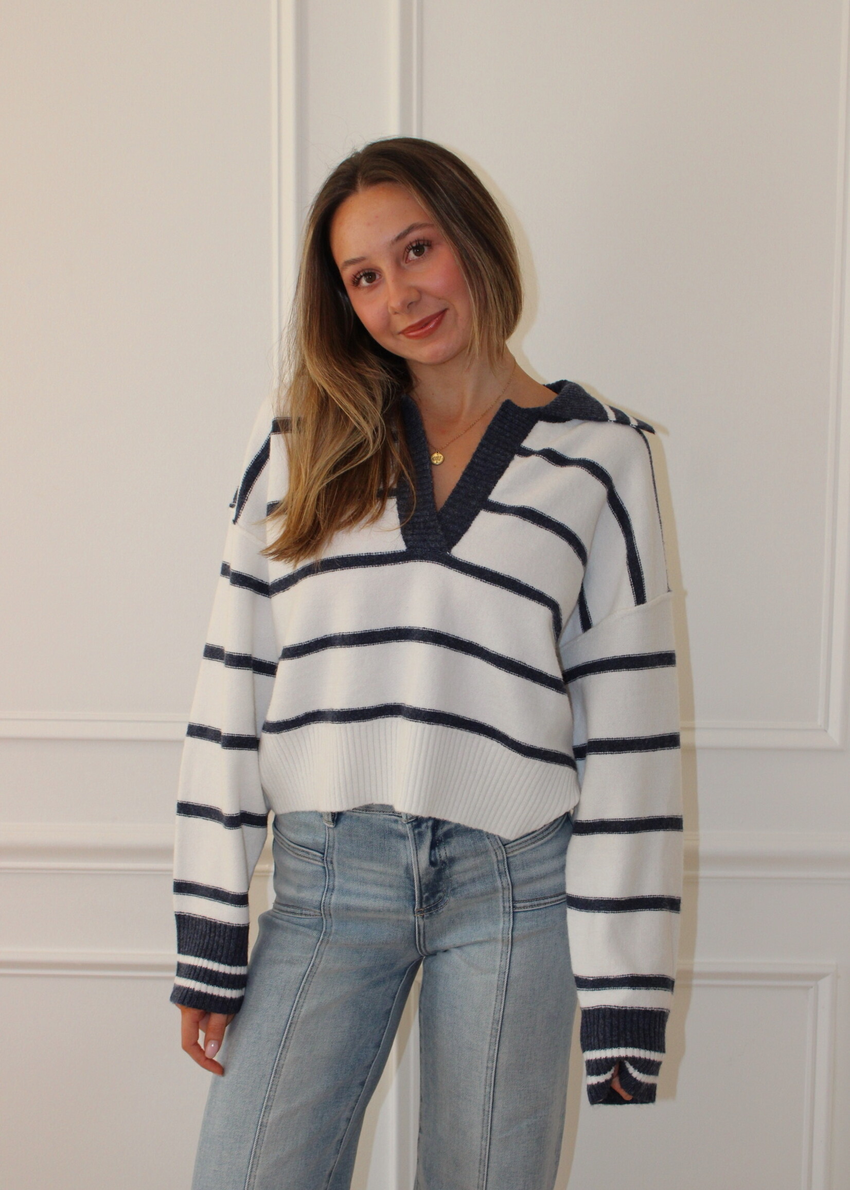 Leyna Striped V Neck Collared Sweater
