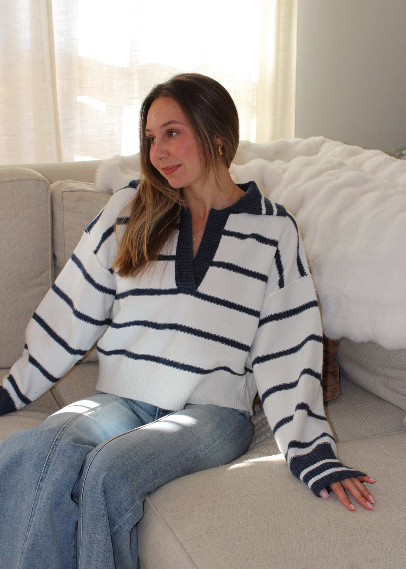 Leyna Striped V Neck Collared Sweater
