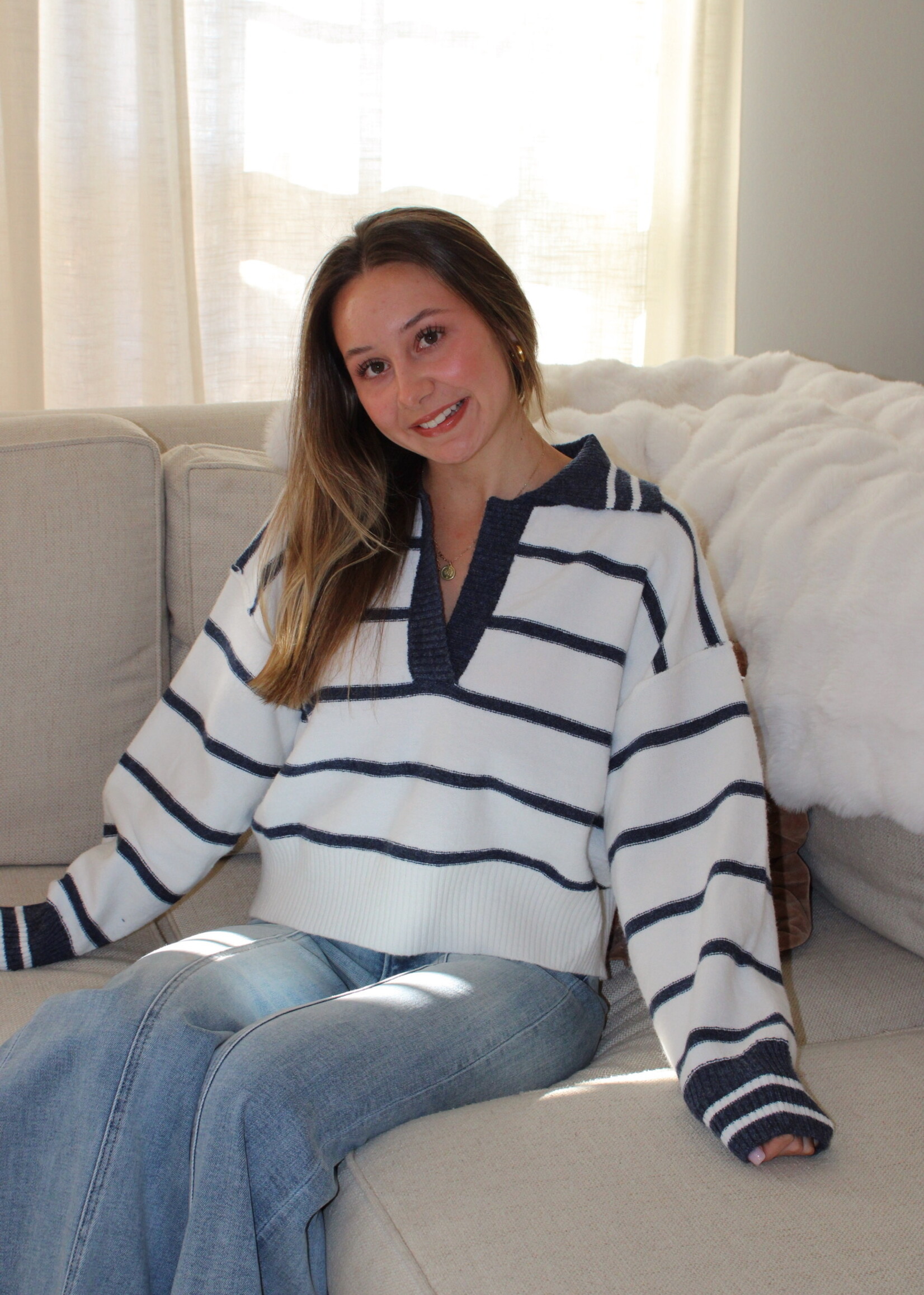 Leyna Striped V Neck Collared Sweater