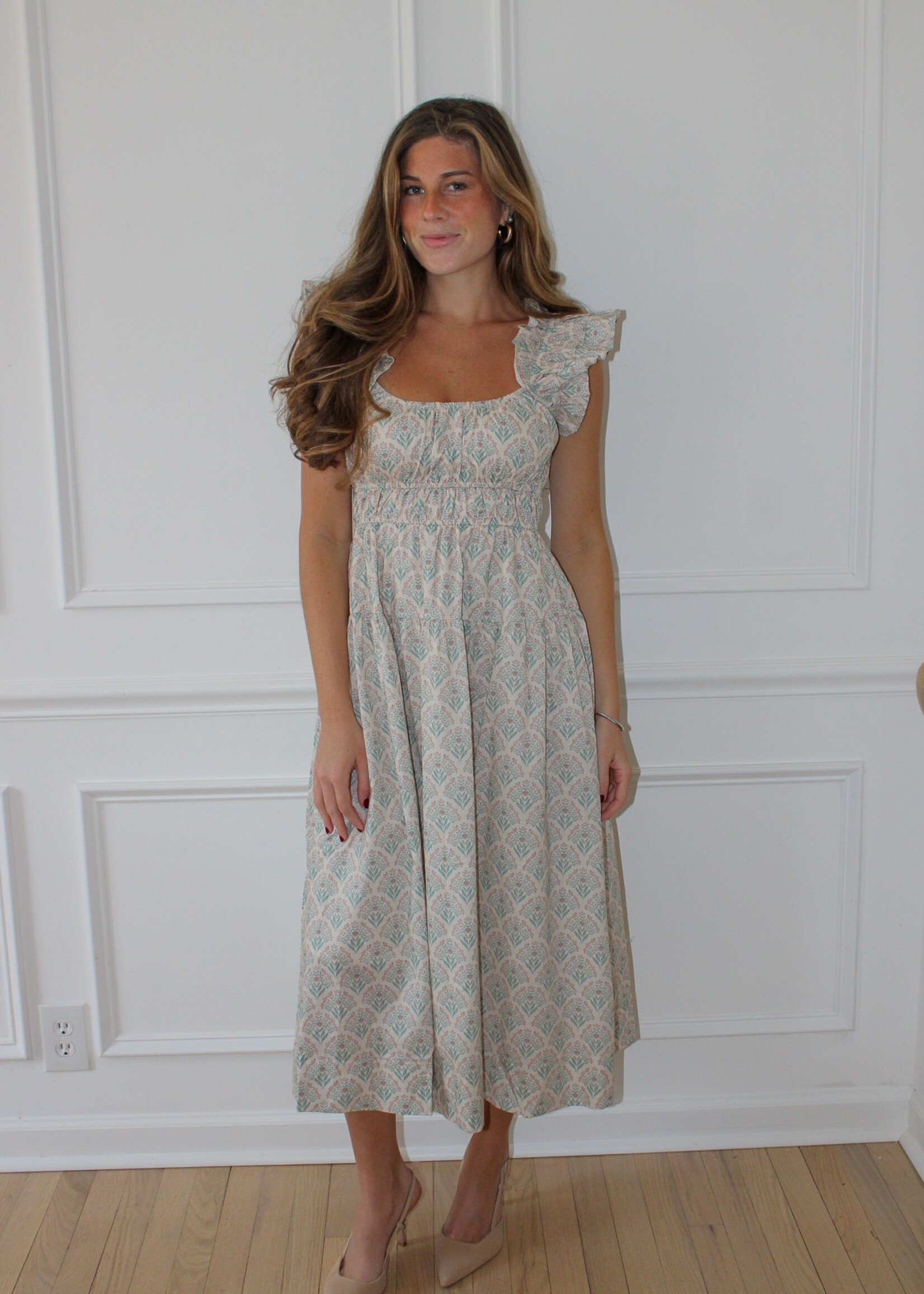 Doreen Ruffle Sleeve Printed Midi Dress