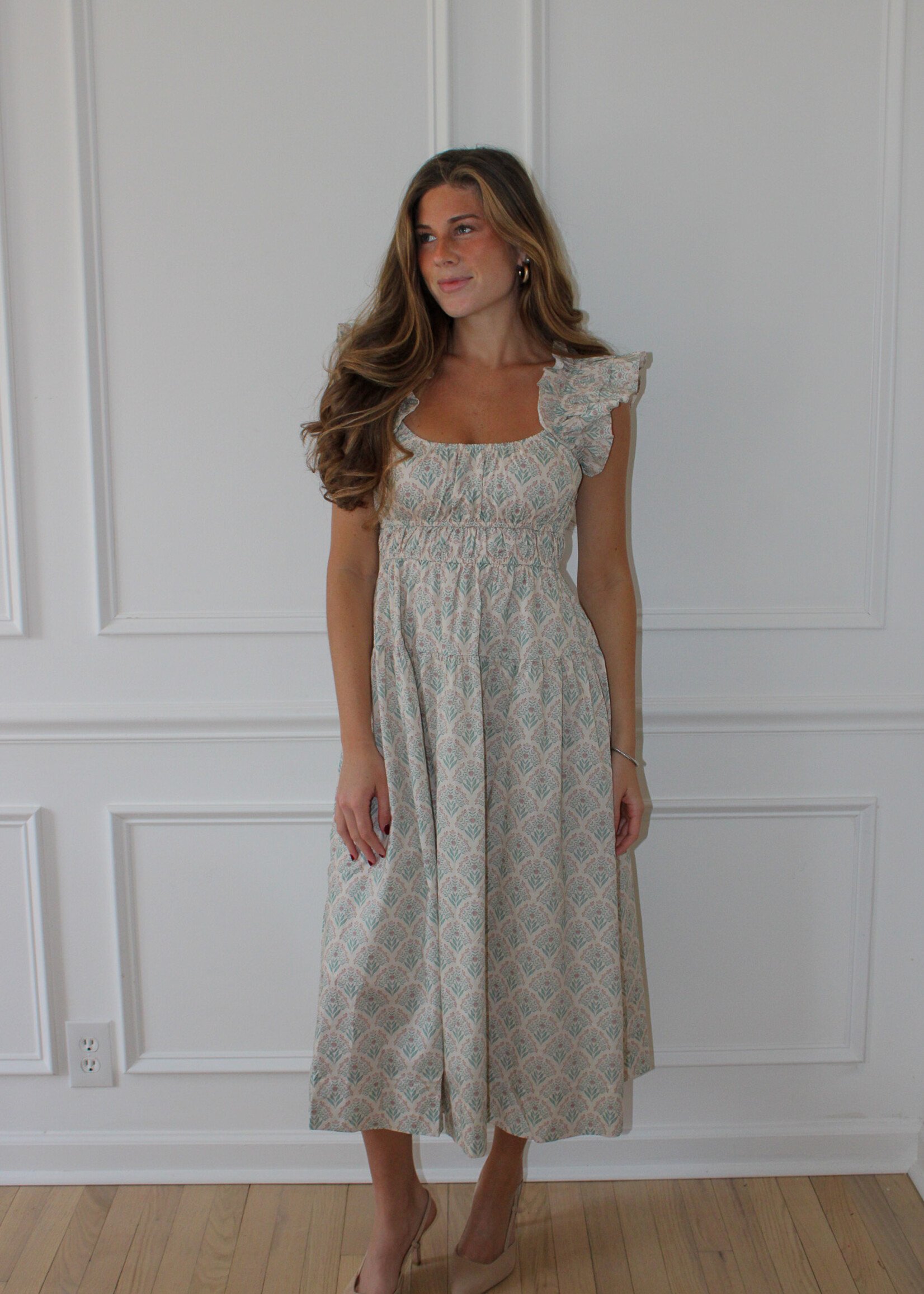 Doreen Ruffle Sleeve Printed Midi Dress