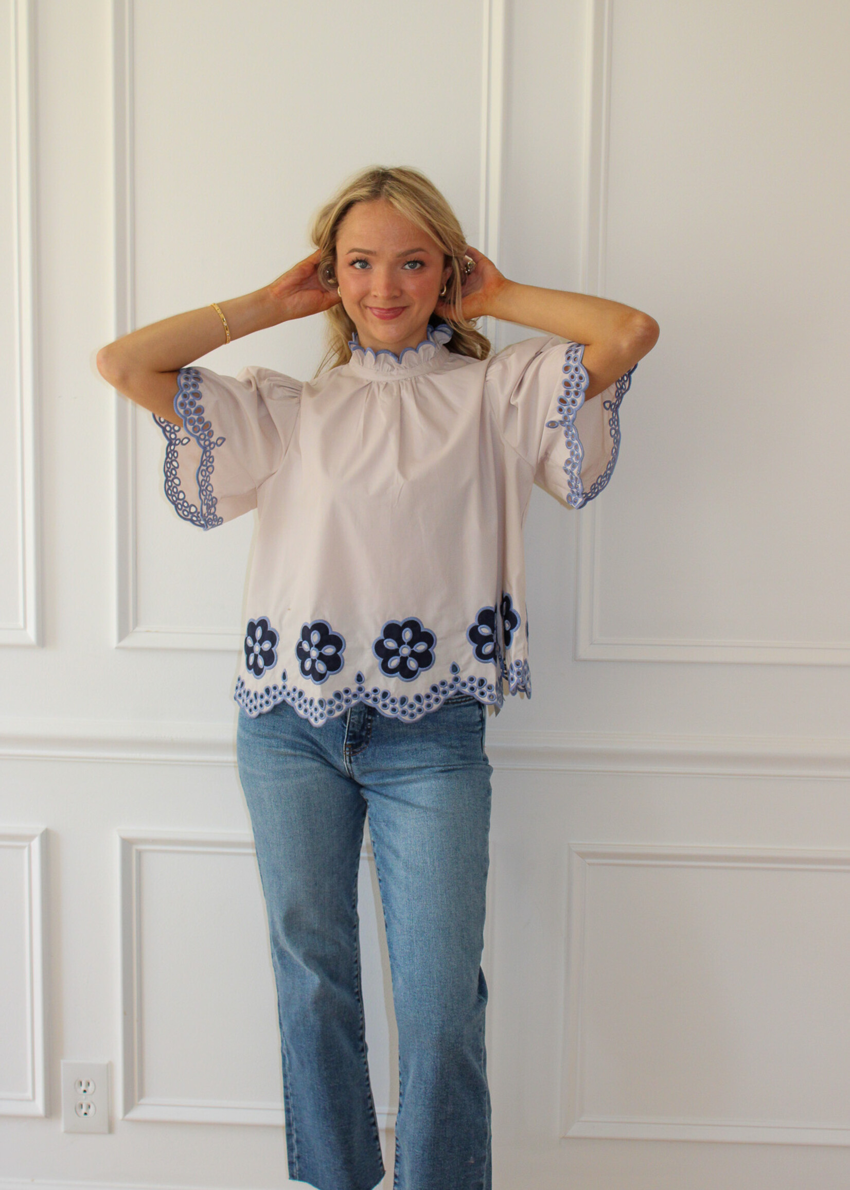 Nicole Flutter Sleeve Embroidered Top