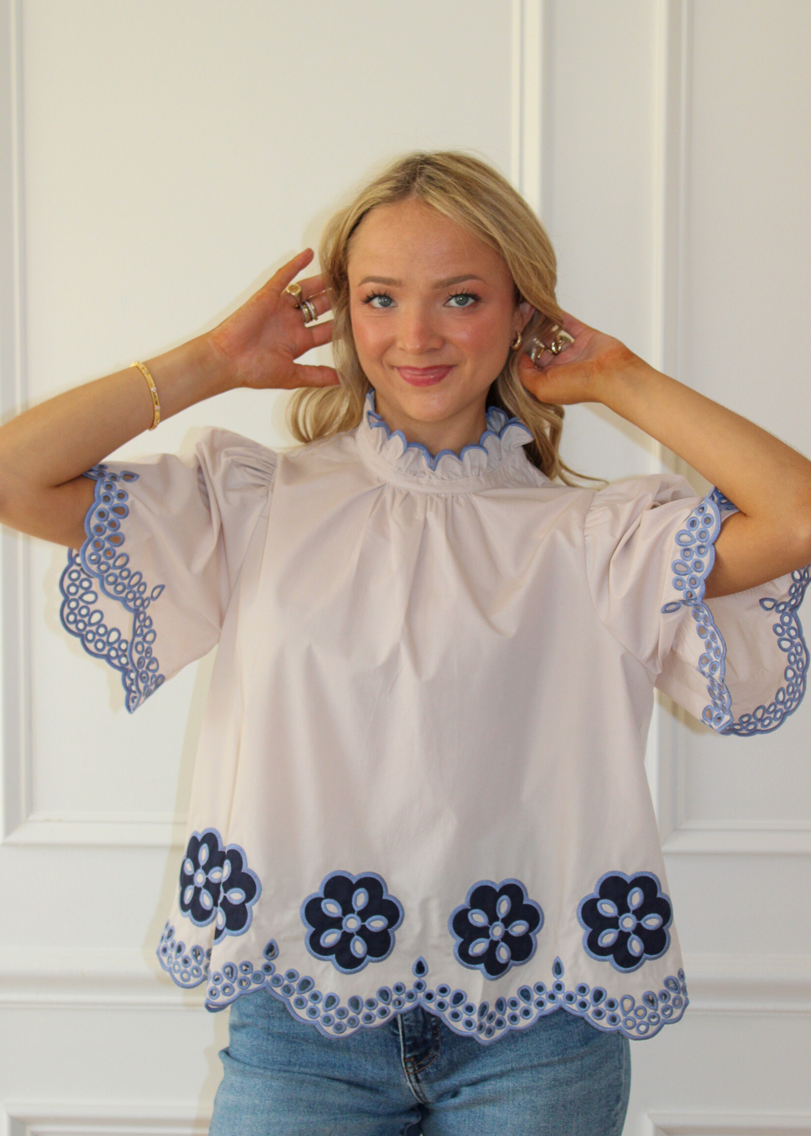 Nicole Flutter Sleeve Embroidered Top