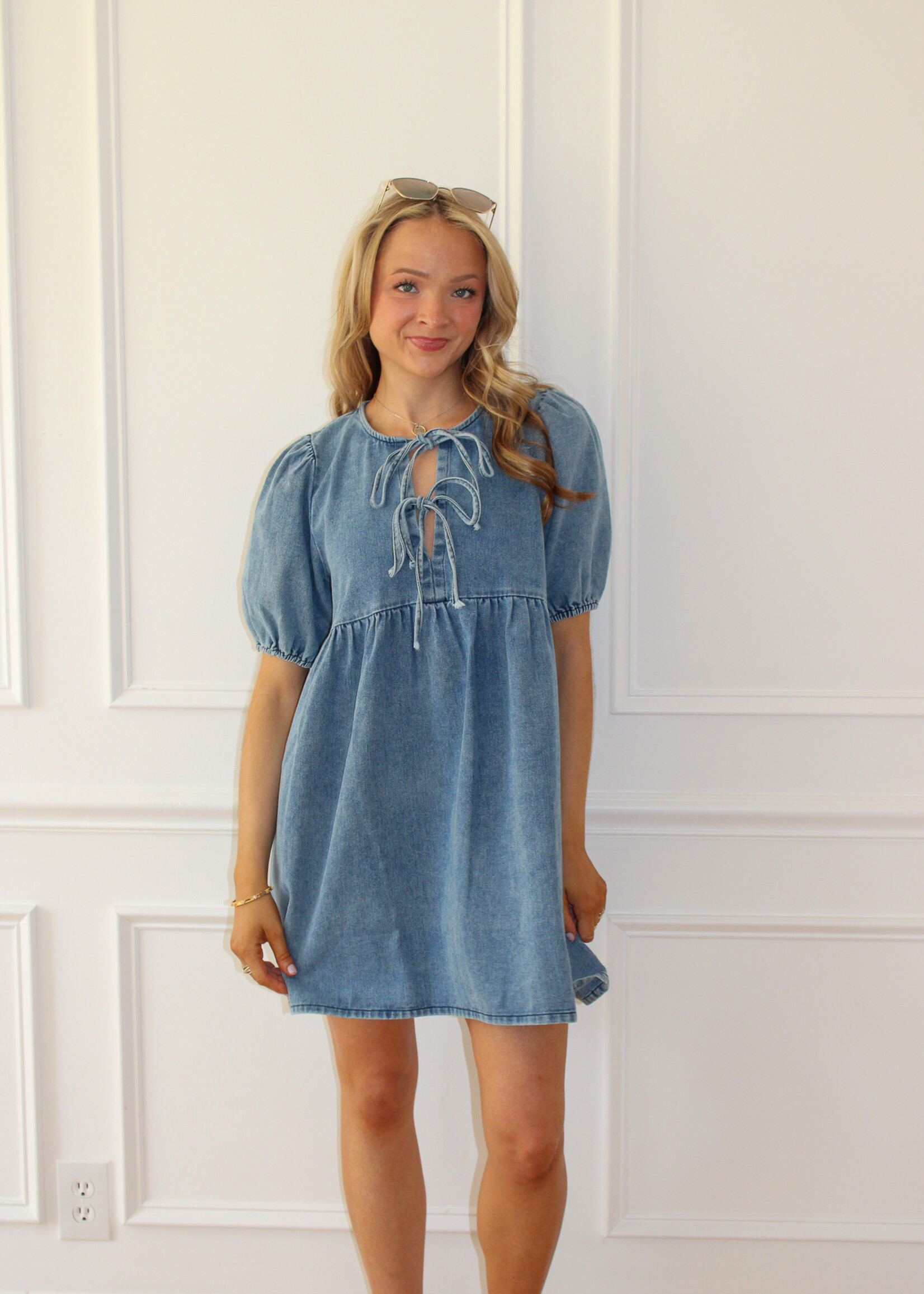 Hailey Bow Tie Denim Babydoll Dress