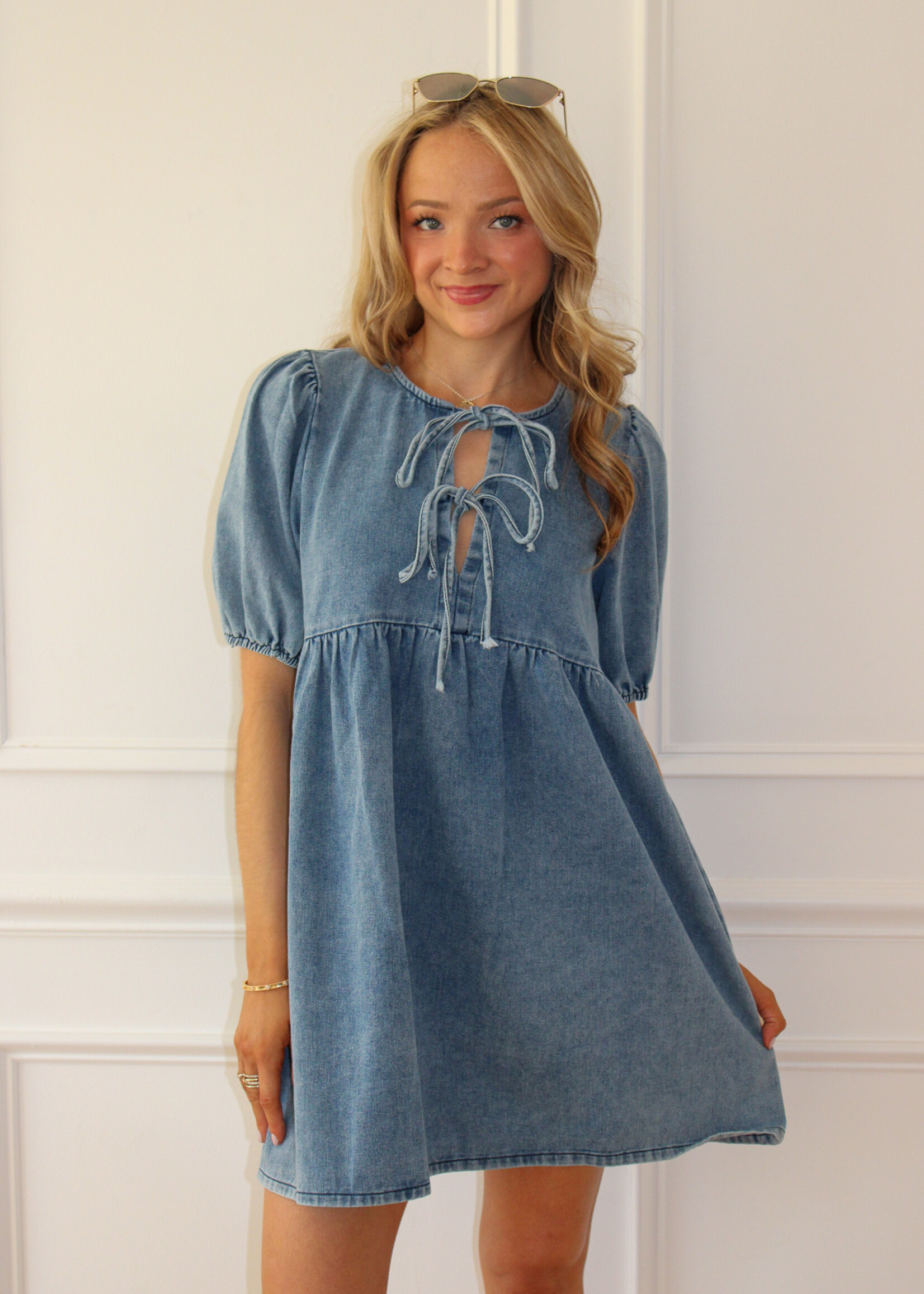 Hailey Bow Tie Denim Babydoll Dress