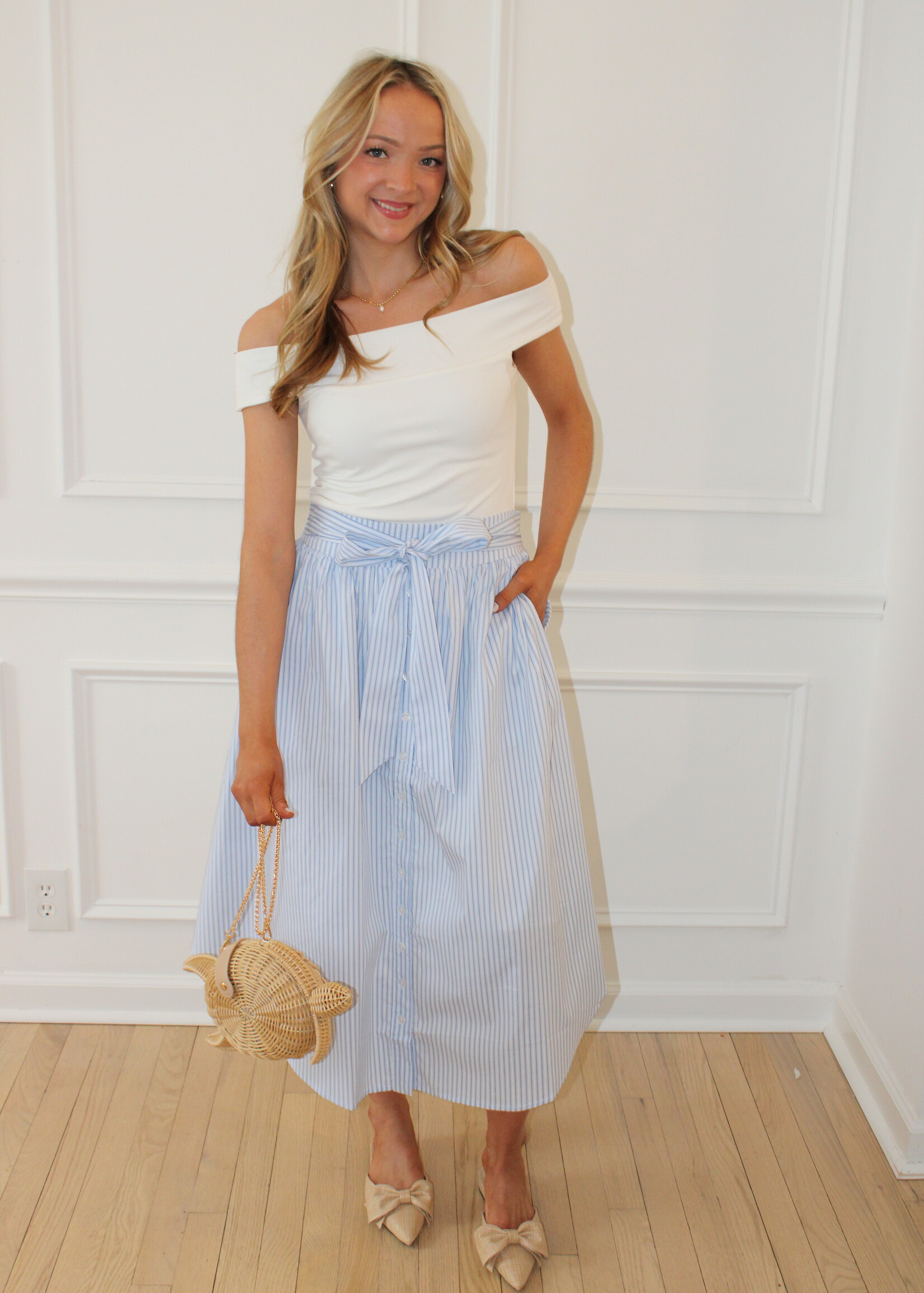 Covin Stripe Round Hem Midi Skirt