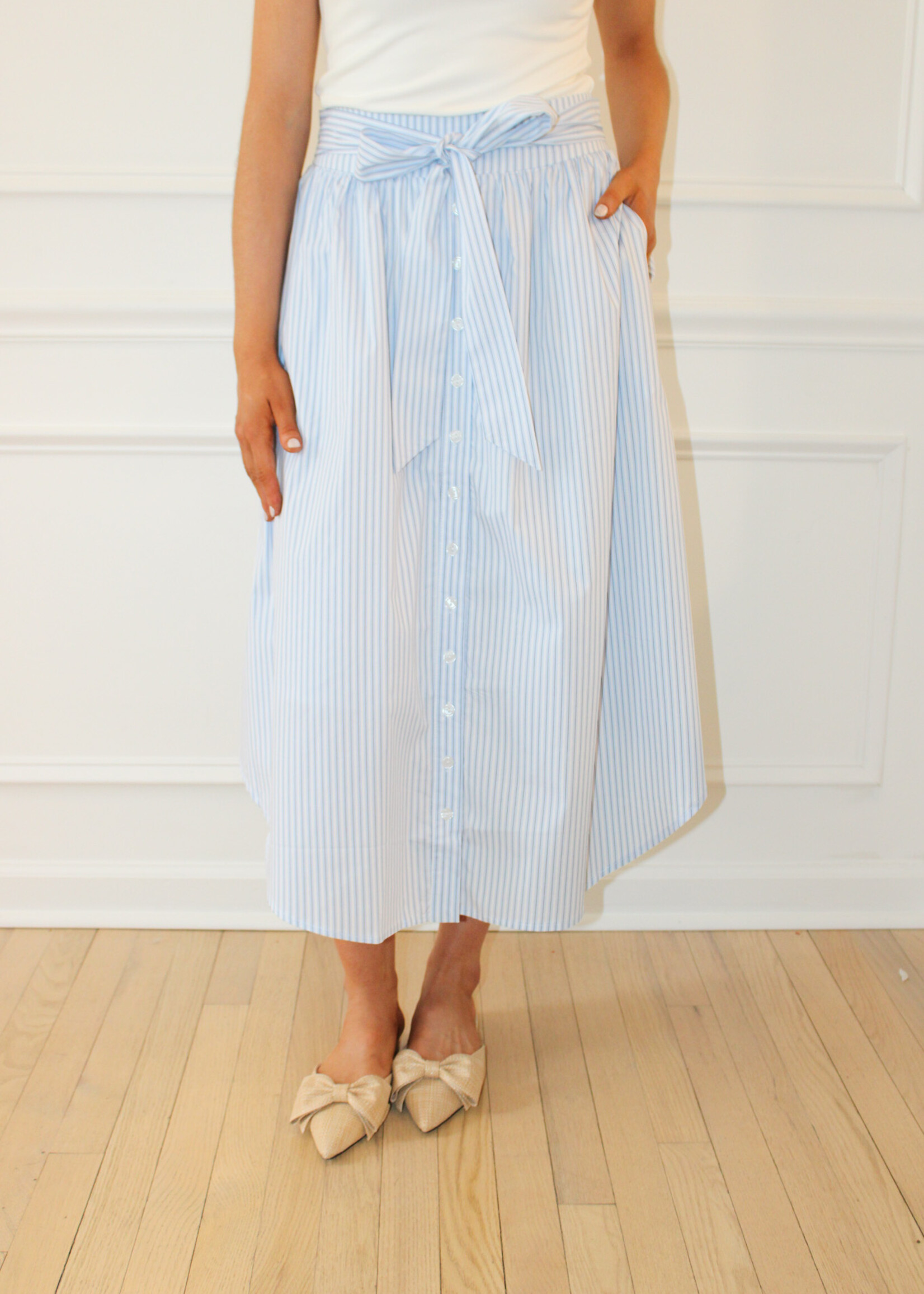 Covin Stripe Round Hem Midi Skirt