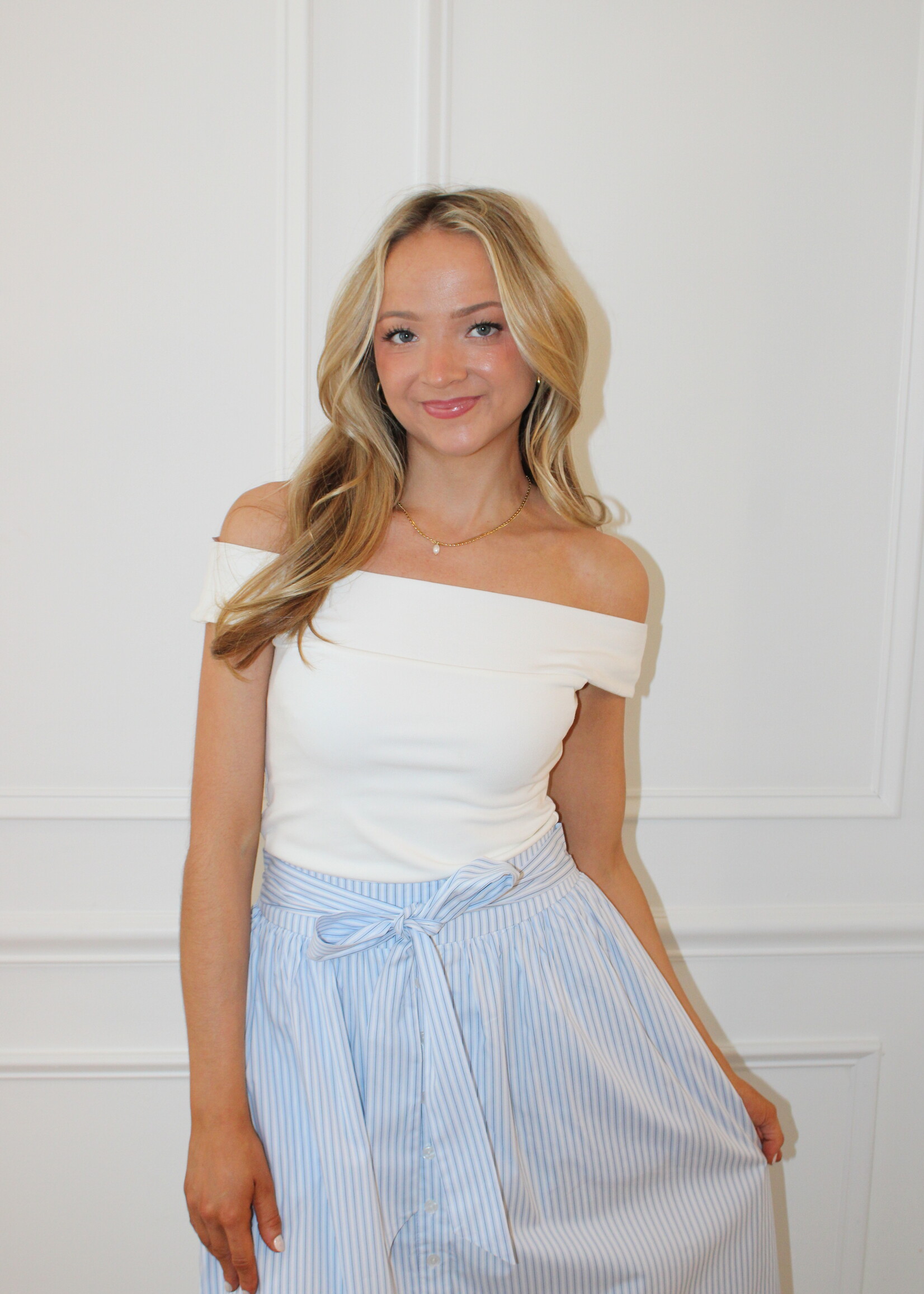 Covin Stripe Round Hem Midi Skirt