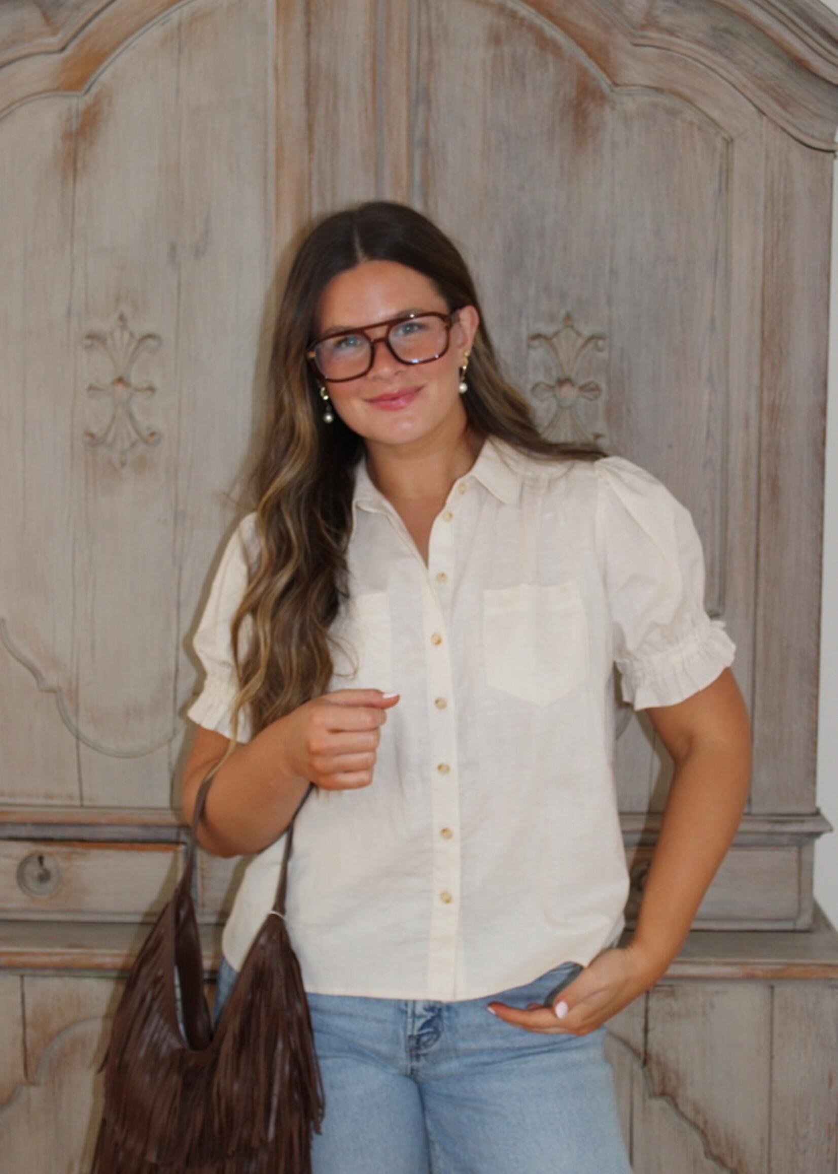 Brigid Linen Blend Puff Sleeve Shirt