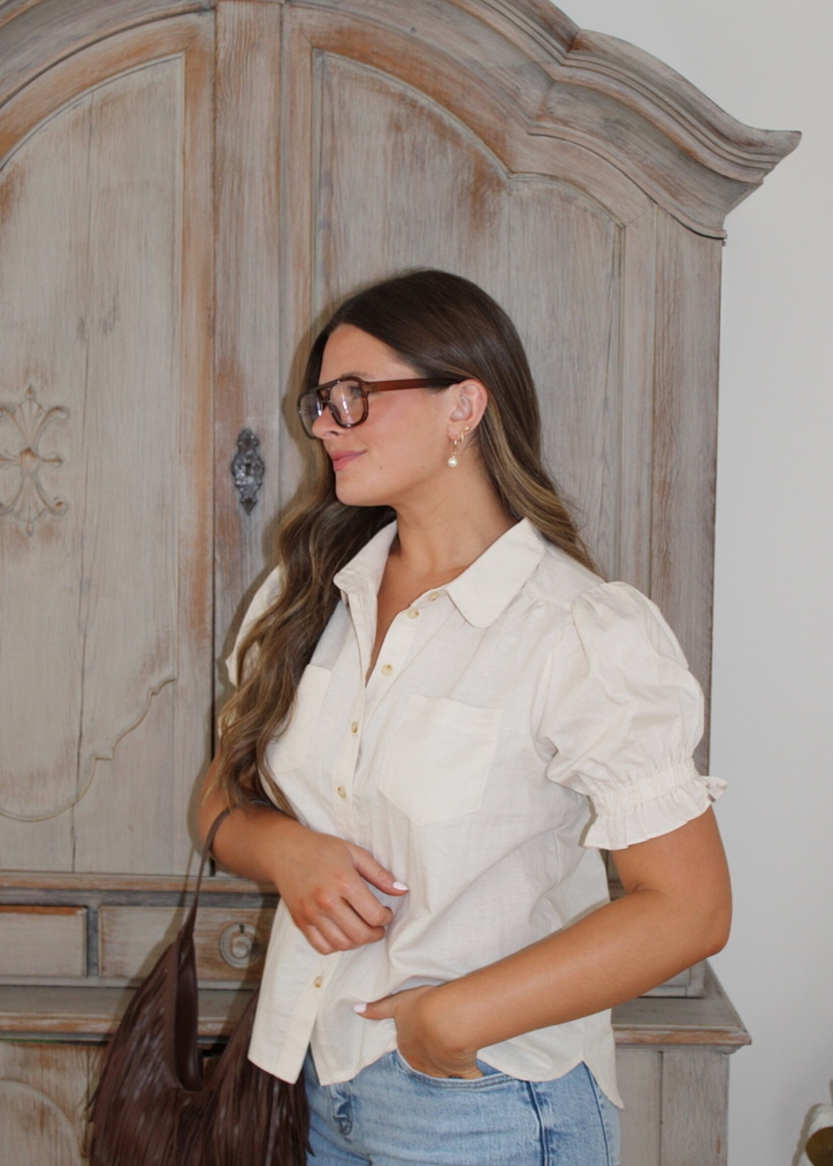 Brigid Linen Blend Puff Sleeve Shirt