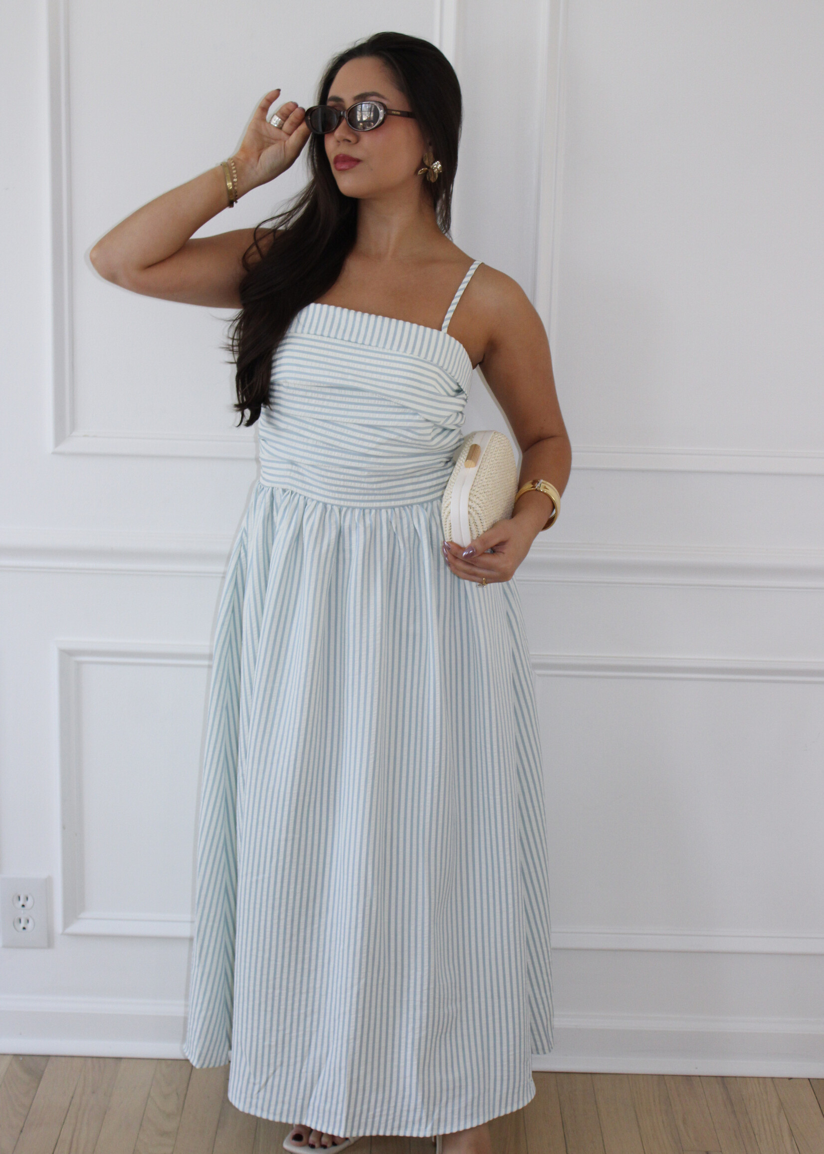 Kaia Ruched Striped Midi Dress