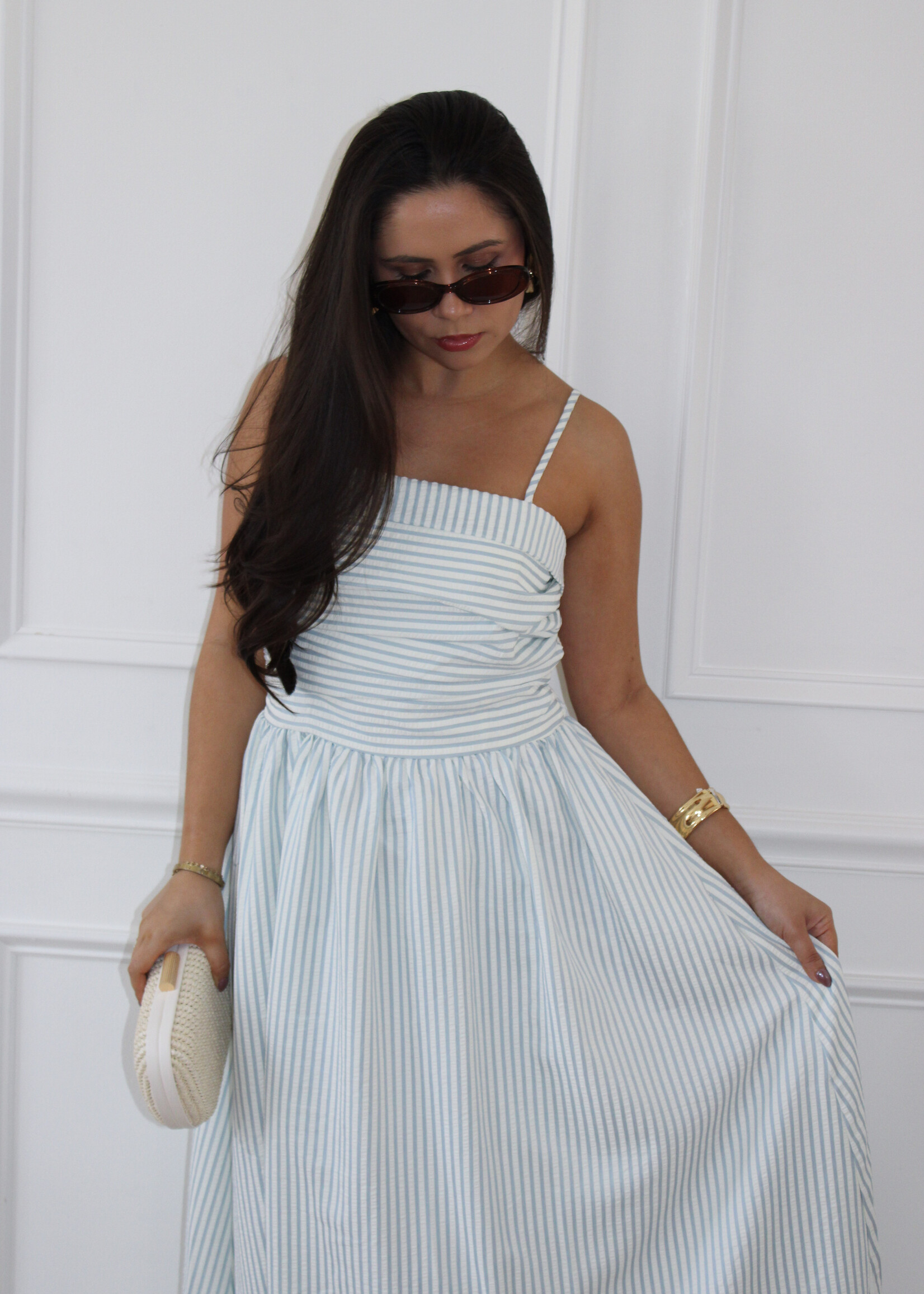 Kaia Ruched Striped Midi Dress
