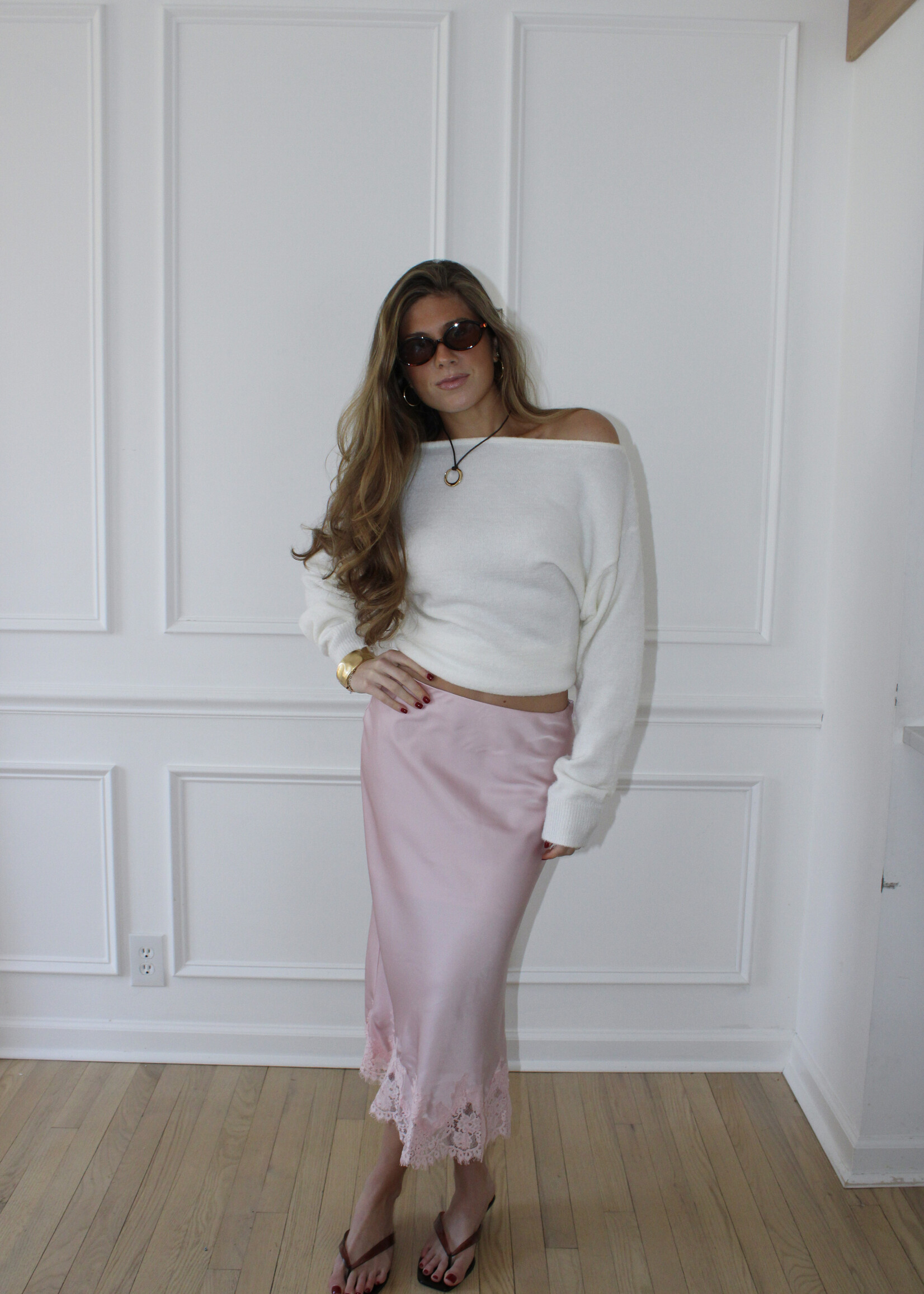 Ingrid Lace Trim Satin Midi Skirt