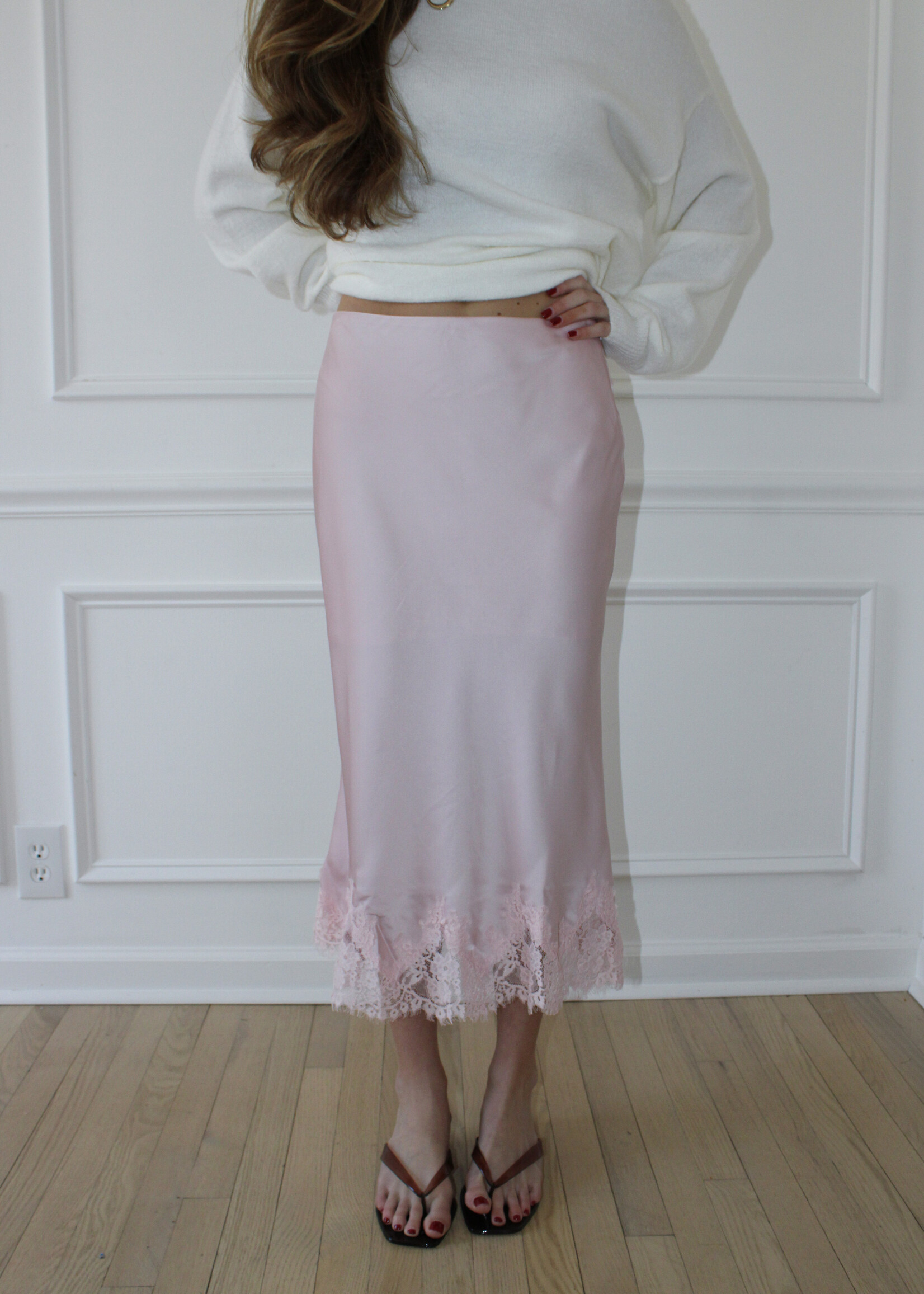 Ingrid Lace Trim Satin Midi Skirt