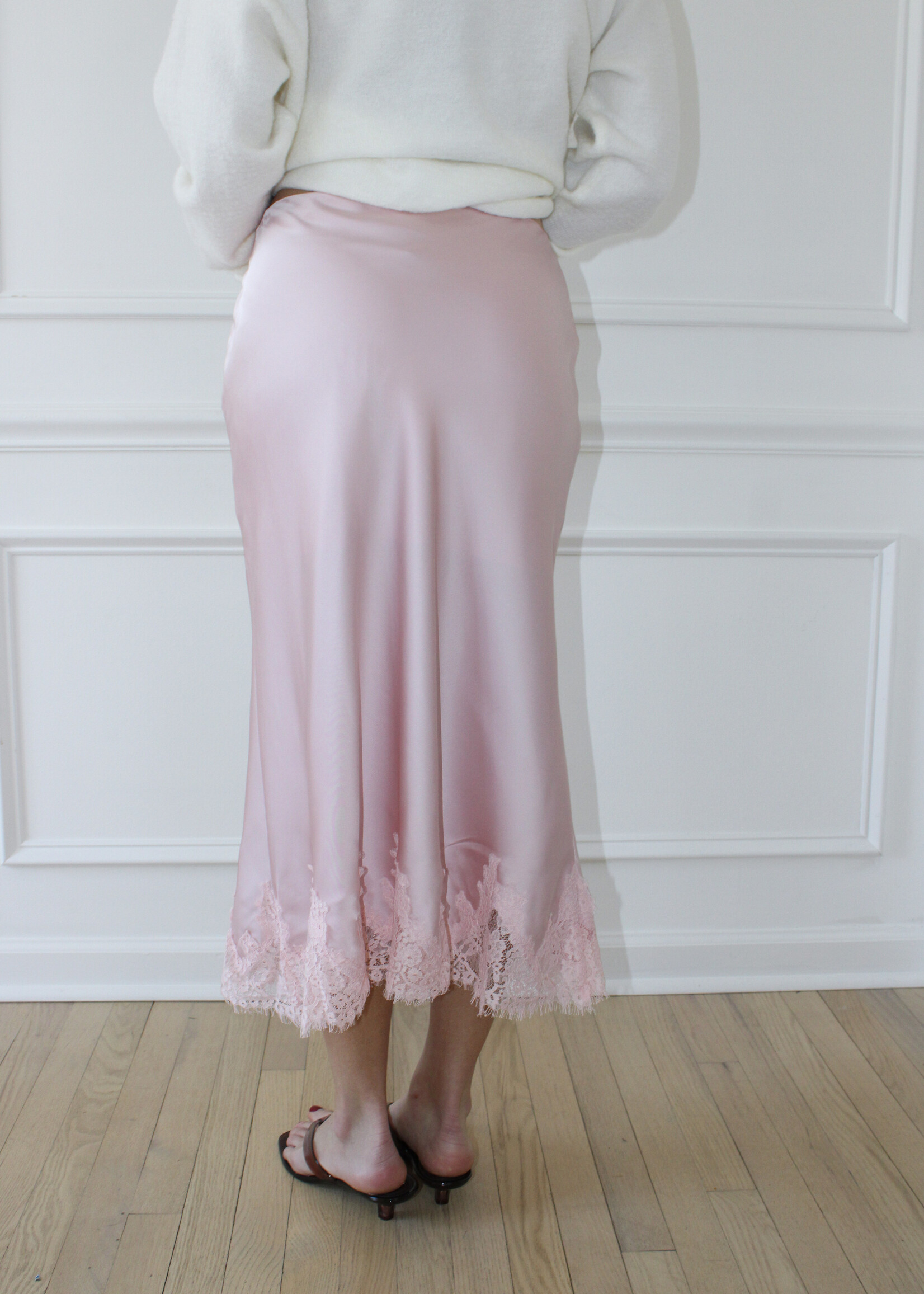 Ingrid Lace Trim Satin Midi Skirt