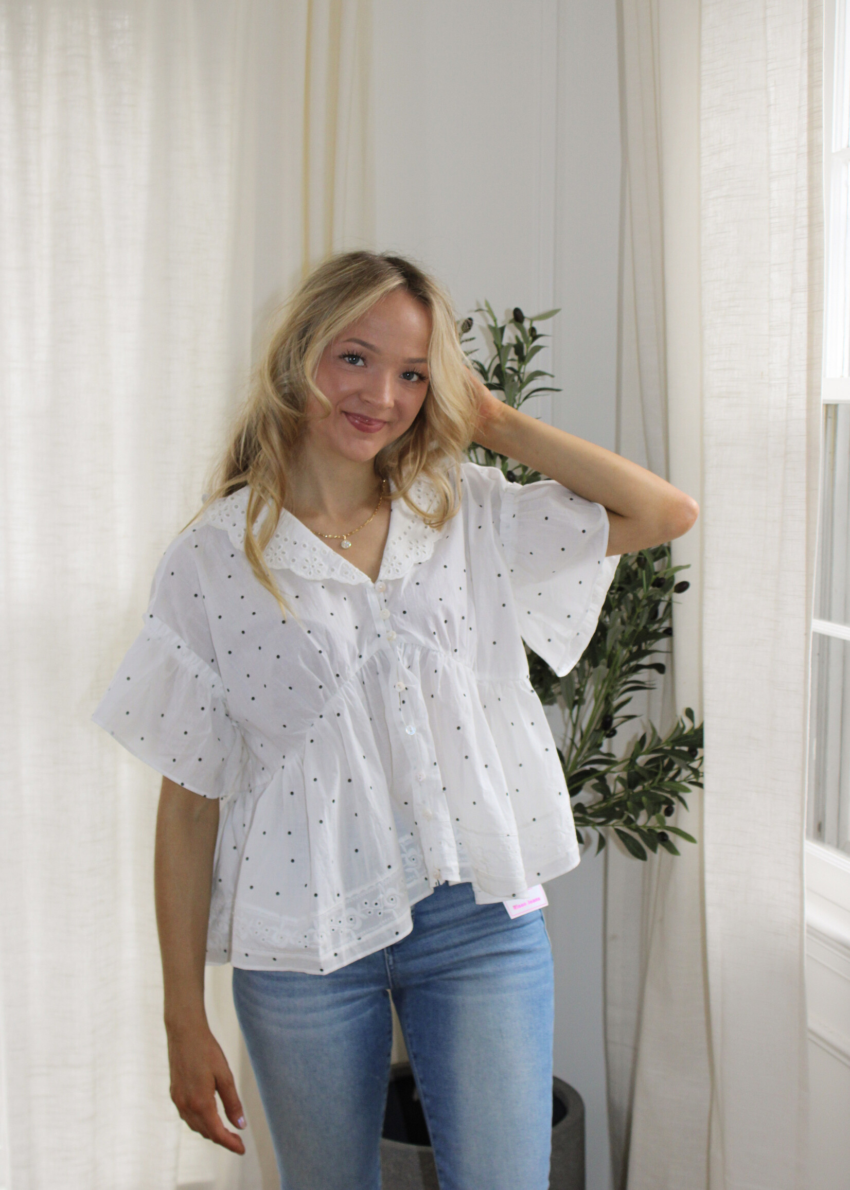 Cecilia Polka Dot Eyelet Collar Blouse