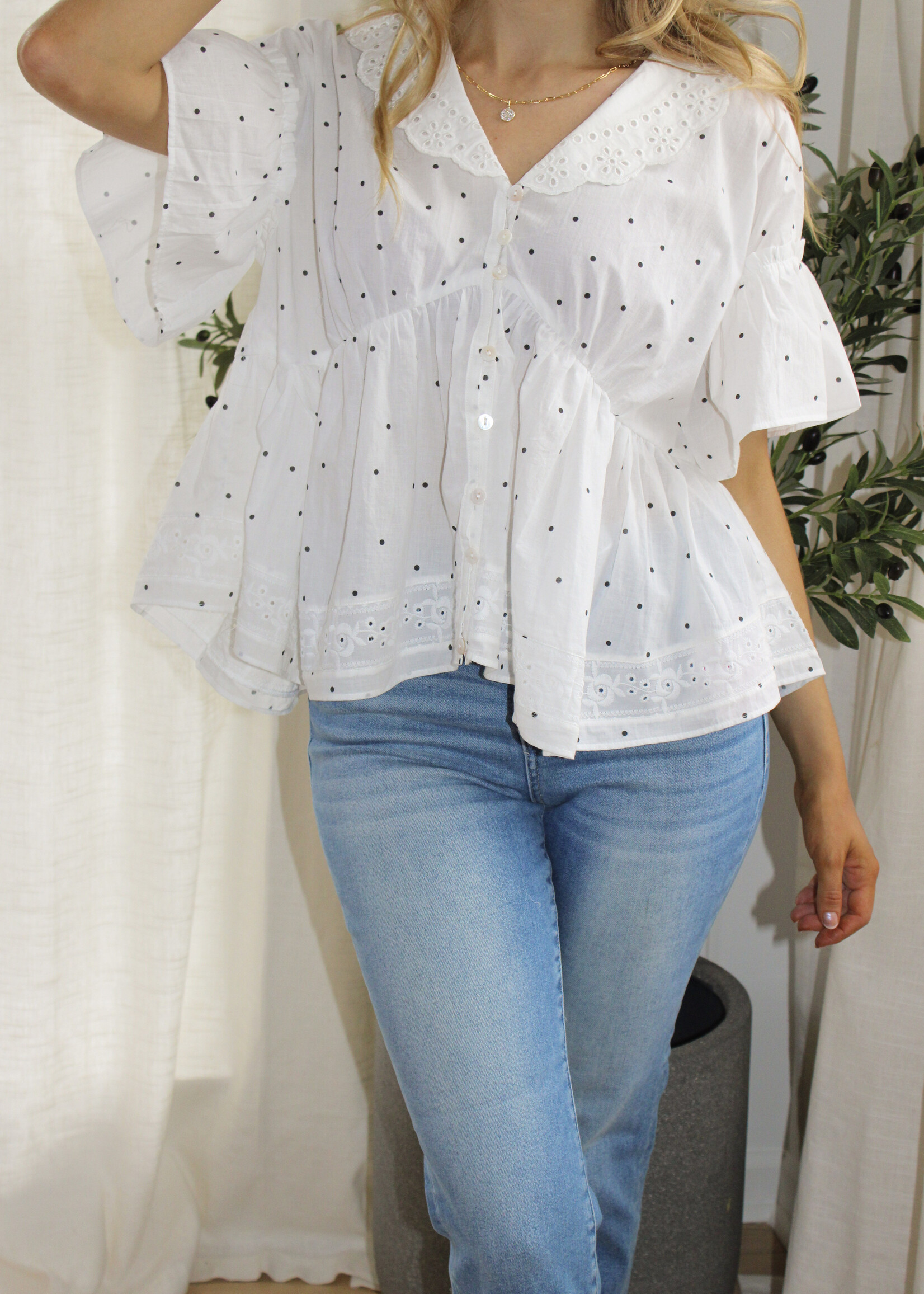 Cecilia Polka Dot Eyelet Collar Blouse